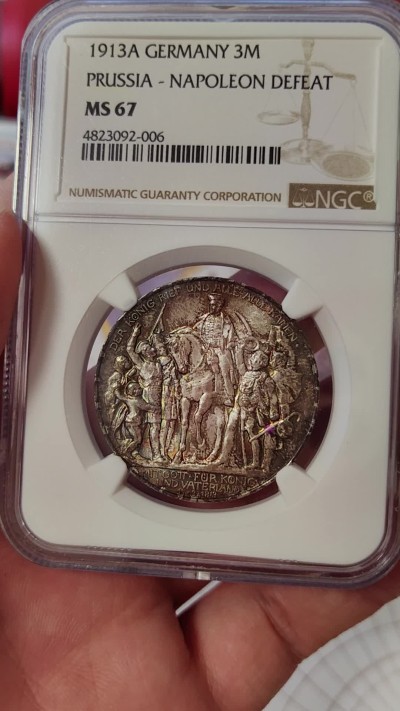 橡树集藏-006场 海纳百川 ngc - MS67 1913年德国3马克 战胜拿破仑 顶级高分精品 完美包浆 浮雕生动 亚军分可遇不可求