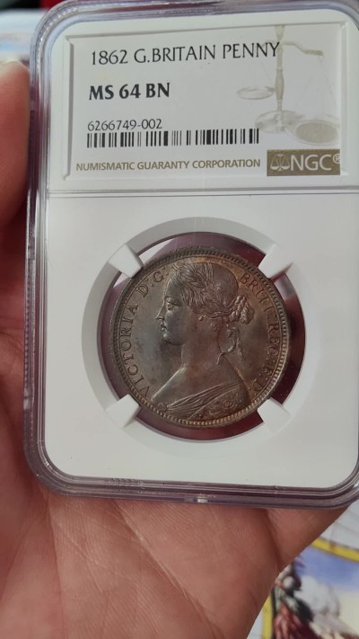 橡树集藏-006场 海纳百川 ngc-Ms64bn 1862年英国维多利亚1便士铜币 底板打制优异 铜色四溢 状态绝佳 感觉低评