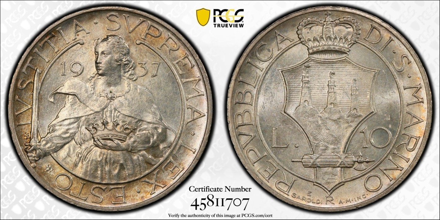 橡树集藏-006场 海纳百川 pcgs-ms64 1937年圣马力诺10里拉银币 持剑圣女手托皇冠，英姿飒爽，打制压印十足，黄油包浆转光美丽，赏心悦目。热门女神题材，不可多得。
