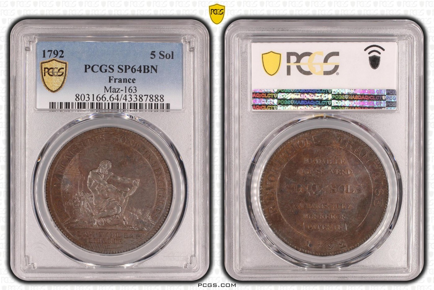 橡树集藏-006场 海纳百川 pcgs-sp64bn 1792年法国莫奈龙5索尔铜样币 设计极佳 力量感十足 冠军分 顶级品相