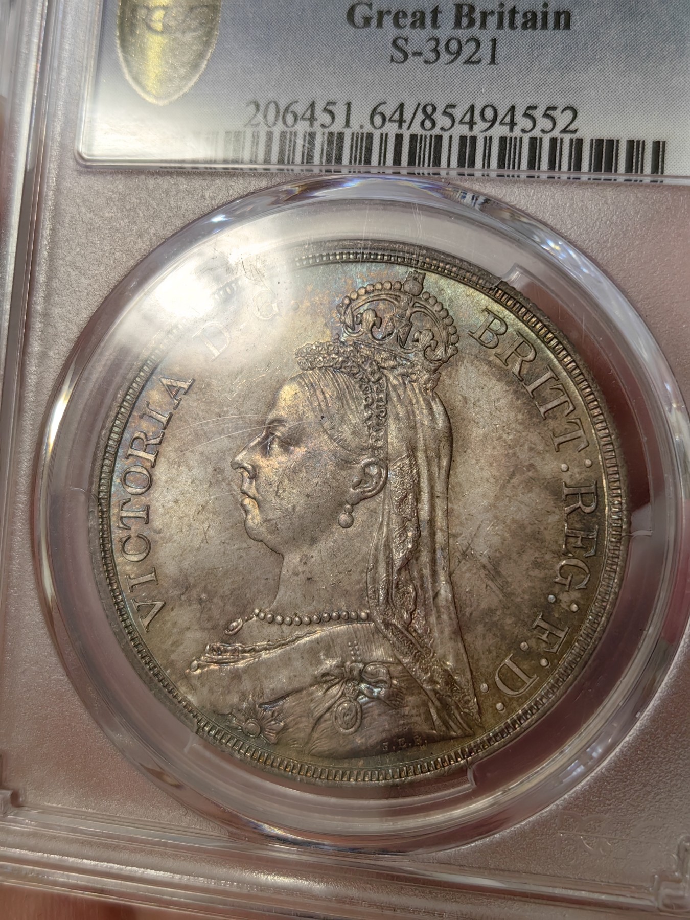 橡树集藏-006场 海纳百川 pcgs-ms64 1887年英国维多利亚高冠克朗马剑 经典品种 双面老包浆 彩虹点缀 实物状态一流