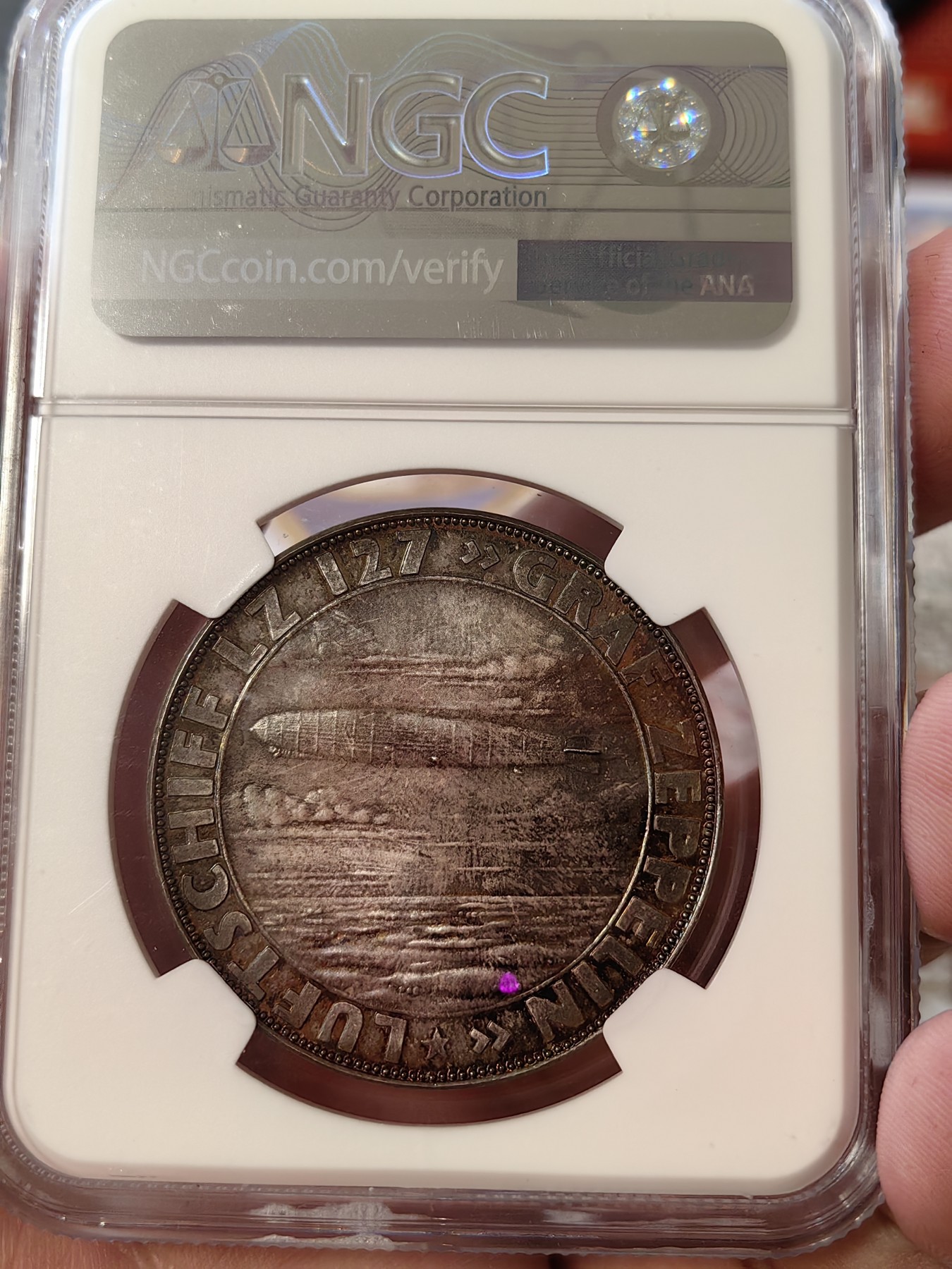 橡树集藏-006场 海纳百川 NGC-ms66 ,1928 齐柏林爵士纪念银章，顶级高分，镜面五彩。