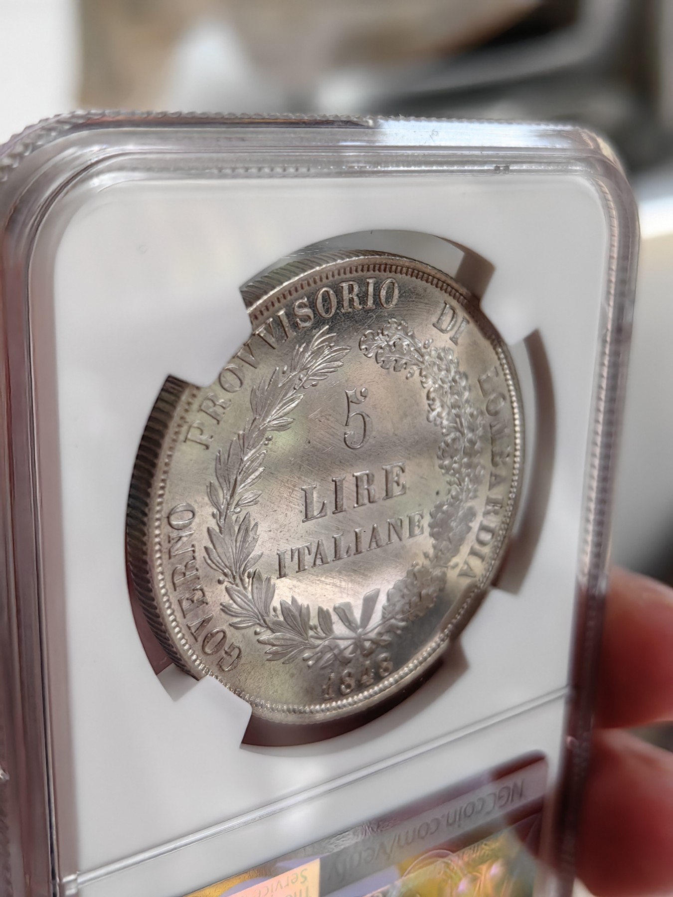 橡树集藏-006场 海纳百川 NGC-MS62pl 1848年意大利伦巴第5里拉，pcgs和ngc一共220个评级记录中唯一评到PL的一枚，唯一冠军分，可遇不可求 。实物精彩炫目，pl的魅力真是一绝。上帝呼唤自由之意大利，设计绝佳，单年版。