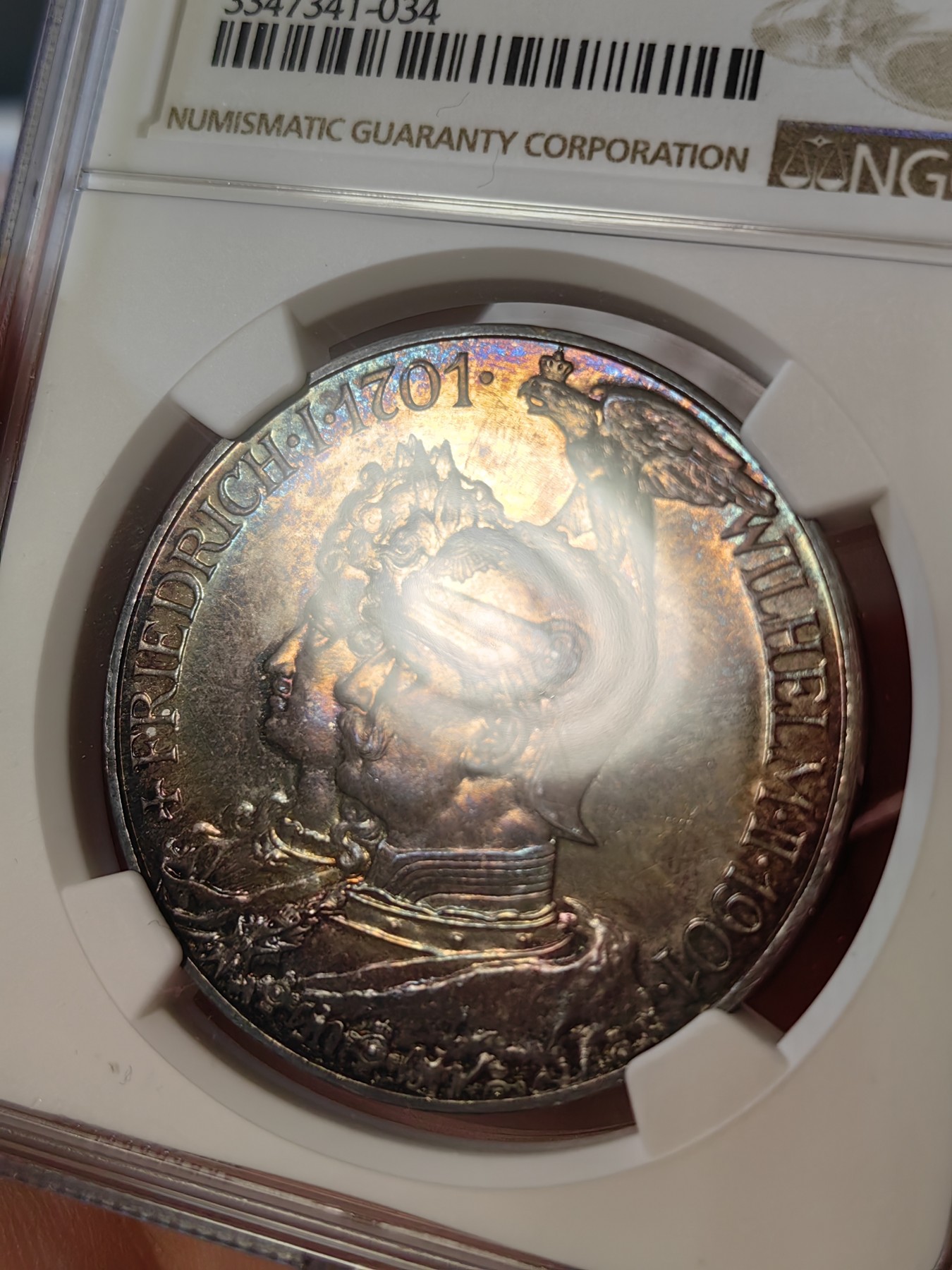 橡树集藏-006场 海纳百川 ngc-pf66 1901年普鲁士精制建国5马克，冠军分。铸造量稀少，顶级品。梦幻五彩，双面彩虹。实物美得一塌糊涂。状态为王，此枚无敌。