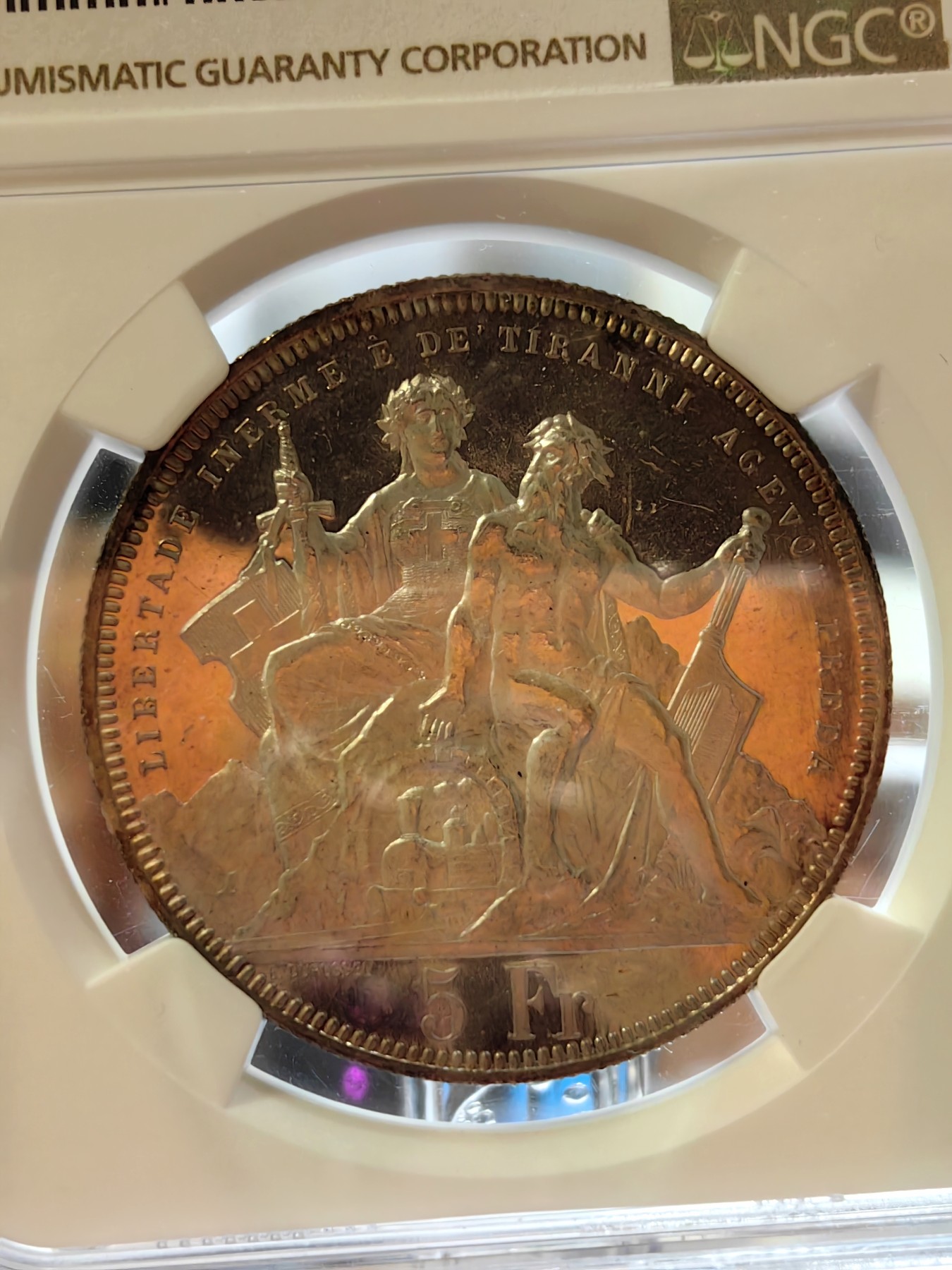 橡树集藏-006场 海纳百川 ngc-ms64pl 1883年瑞士卢加诺射击节5法郎大银币 pl唯一评级  极其罕见的prooflike射击节 实物绝美 令人惊叹