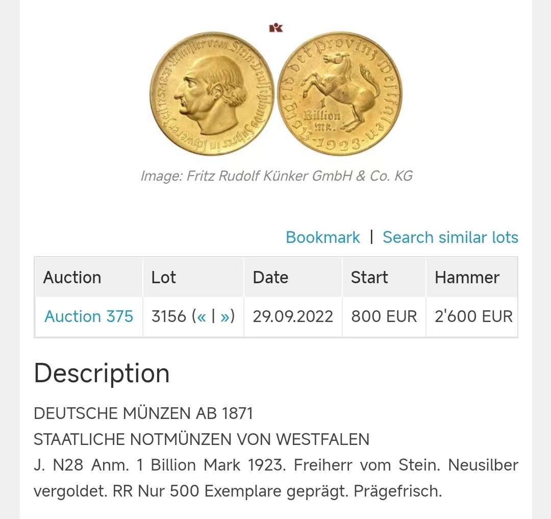  1923年 德国德紧威斯特法伦马币1万亿镀金马克 大名誉品 世界上面值最大的硬币 发行量仅100枚 PCGS MS63 (裸币20年昆克2.3w左右,22年昆克2.6w左右)