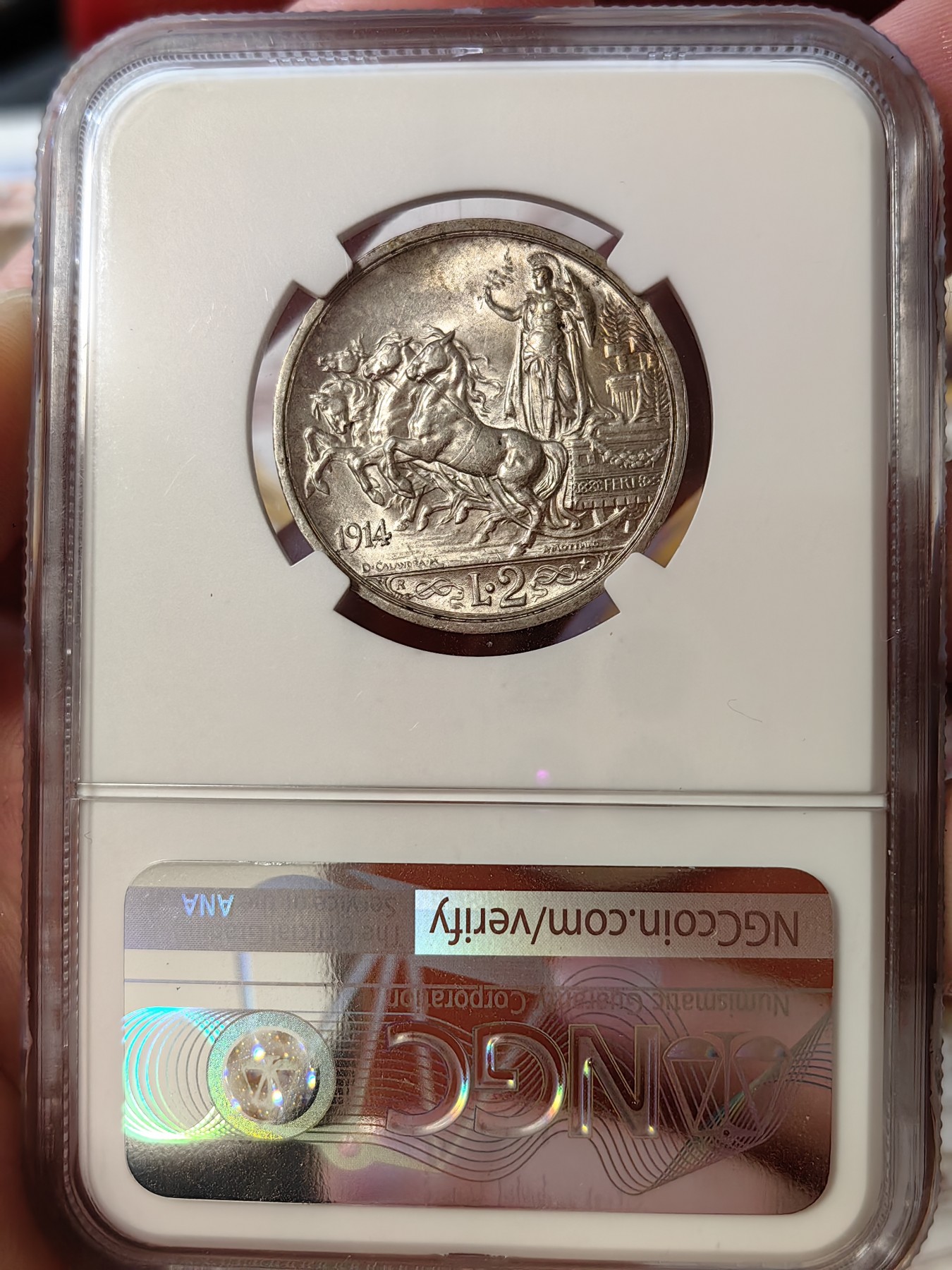 橡树集藏-006场 海纳百川 ngc-MS61 1914 意大利2里拉银币 四驾马车经典设计