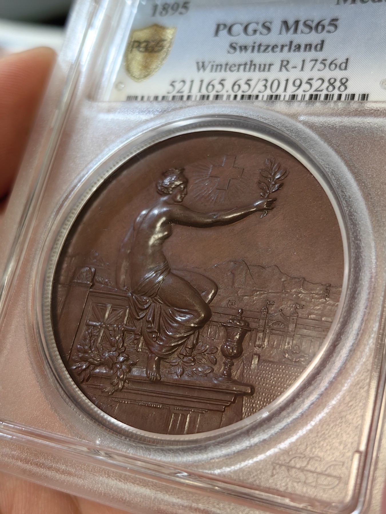 橡树集藏-006场 海纳百川 pcgs-sp65 1895年瑞士温特图尔射击节铜章 高浮雕加厚盒 绝美巧克力 裸体女神 城市景观 热门题材 盒子有伤