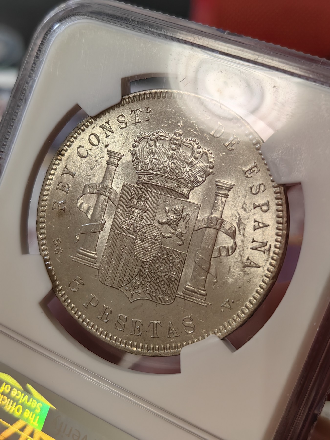 橡树集藏-006场 海纳百川 ngc-MS63 1898年西班牙5比塞塔大银币 经典的可爱男童 王冠双柱 原银强霜光 