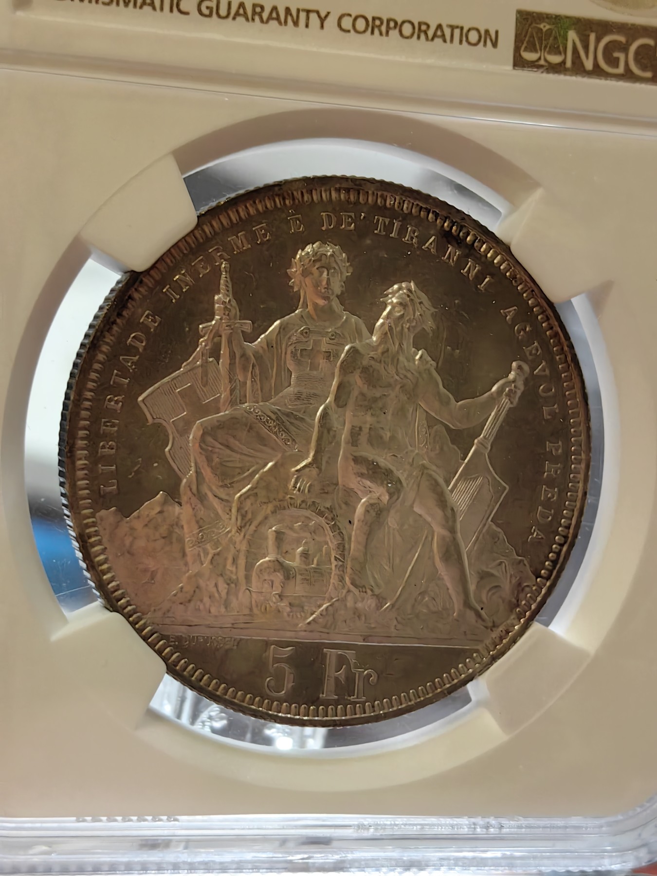 橡树集藏-006场 海纳百川 ngc-ms64pl 1883年瑞士卢加诺射击节5法郎大银币 pl唯一评级  极其罕见的prooflike射击节 实物绝美 令人惊叹