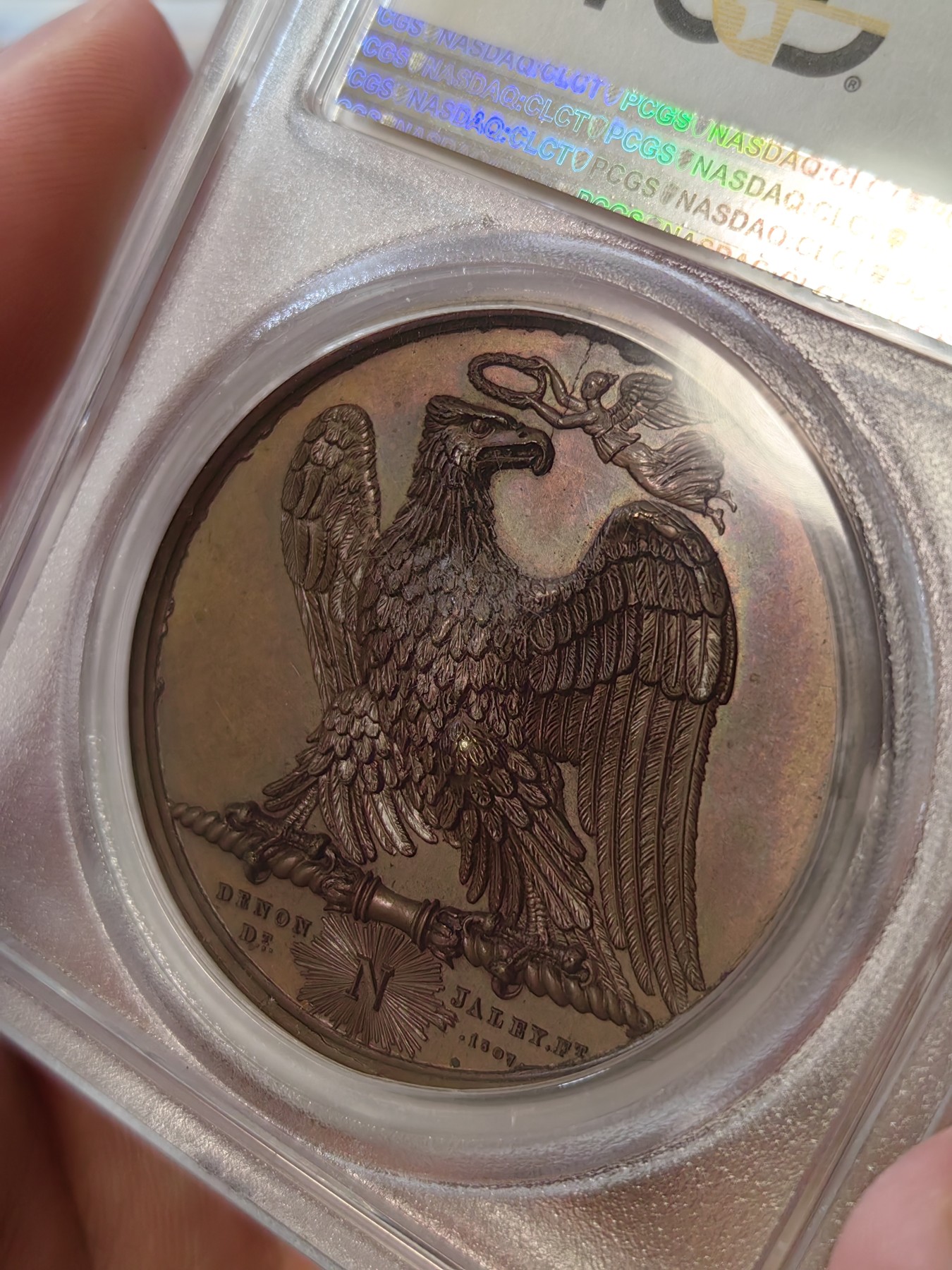 橡树集藏-006场 海纳百川 pcgs-sp66 拿破仑 1807 胜利纪念铜章，原铸，顶级五彩，背面雄鹰被冠以“胜利之冠”，肖像由ANDRLEU雕刻 ，加厚盒。
