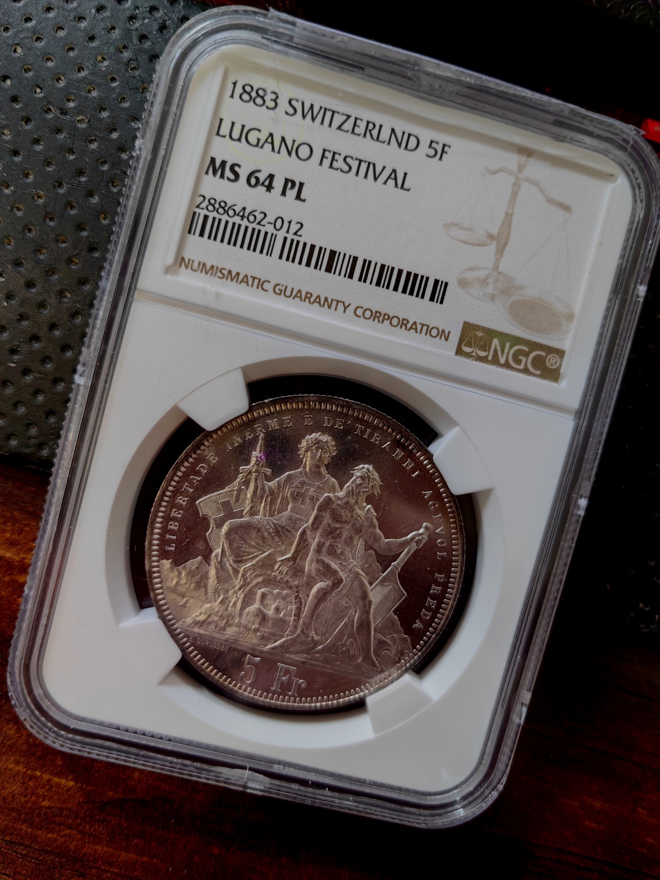 橡树集藏-006场 海纳百川 ngc-ms64pl 1883年瑞士卢加诺射击节5法郎大银币 pl唯一评级  极其罕见的prooflike射击节 实物绝美 令人惊叹