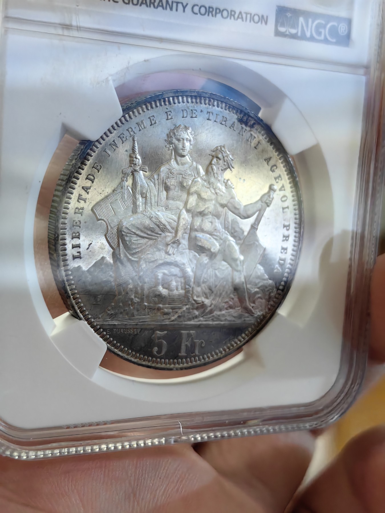 橡树集藏-006场 海纳百川 ngc-ms64pl 1883年瑞士卢加诺射击节5法郎大银币 pl唯一评级  极其罕见的prooflike射击节 实物绝美 令人惊叹