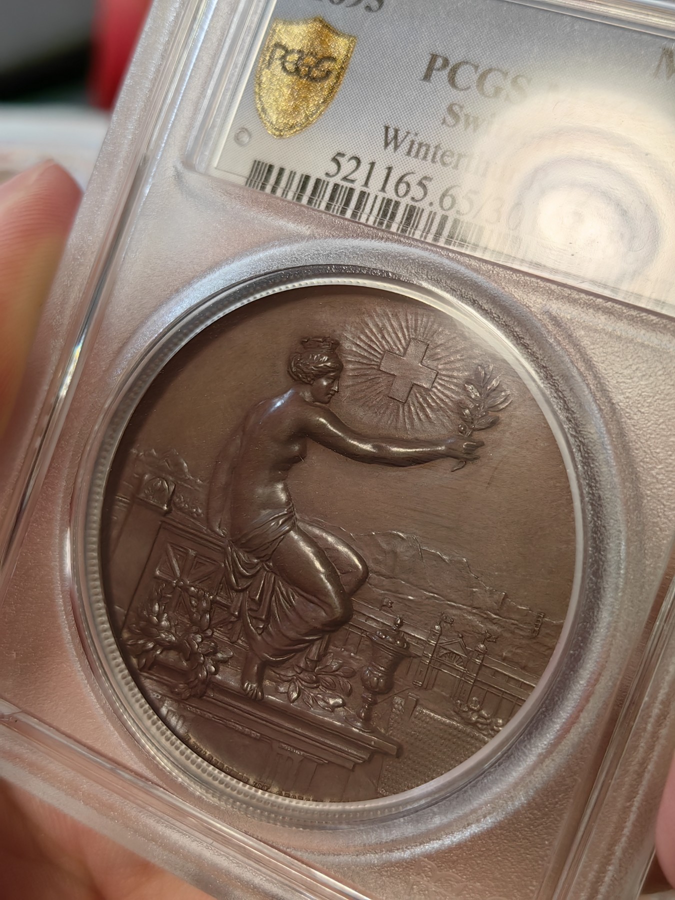 橡树集藏-006场 海纳百川 pcgs-sp65 1895年瑞士温特图尔射击节铜章 高浮雕加厚盒 绝美巧克力 裸体女神 城市景观 热门题材 盒子有伤