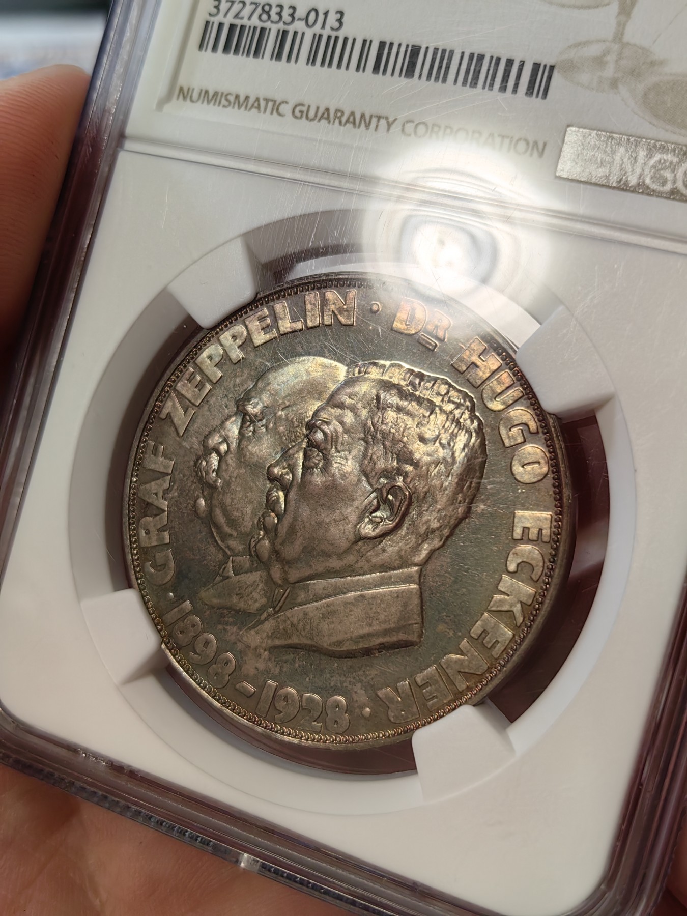 橡树集藏-006场 海纳百川 NGC-ms67 1929 齐柏林飞艇环游世界纪念银章，超顶级高分，镜面五彩。