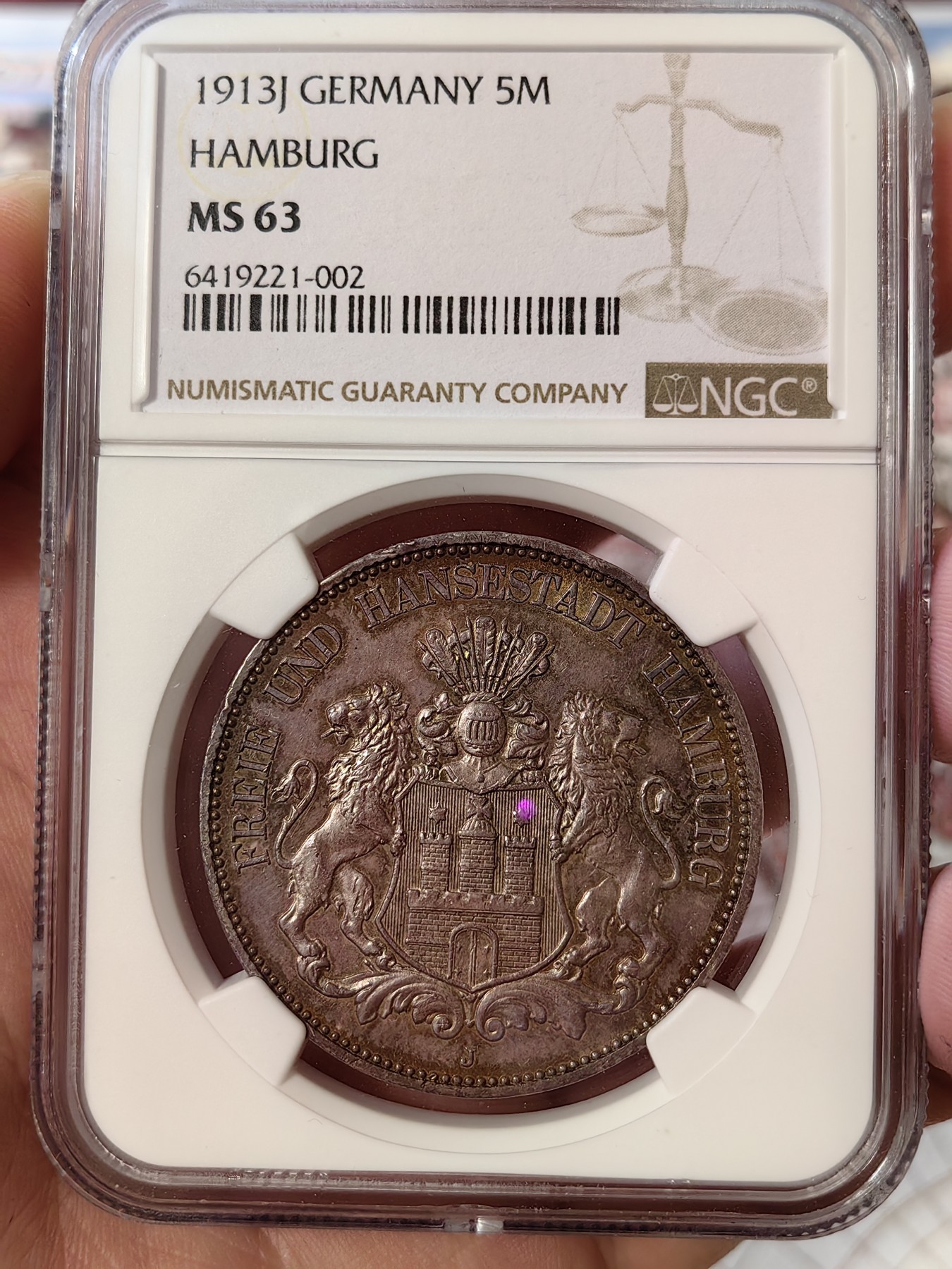 橡树集藏-006场 海纳百川 NGC-MS63 1913年 德国汉堡双狮5马克 温润五彩包浆 沁人心脾 超强底板 严评 入手典藏佳品 