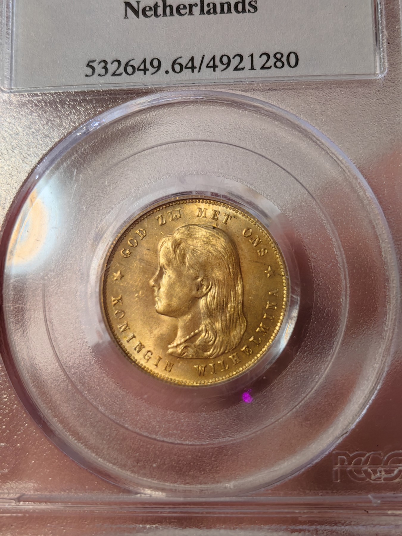 橡树集藏-006场 海纳百川 pcgs-ms64 1897年荷兰威廉明娜10盾金币 可爱的小萝莉 底板打制皆好 pc老盒严评 状态极佳 搏分潜力股