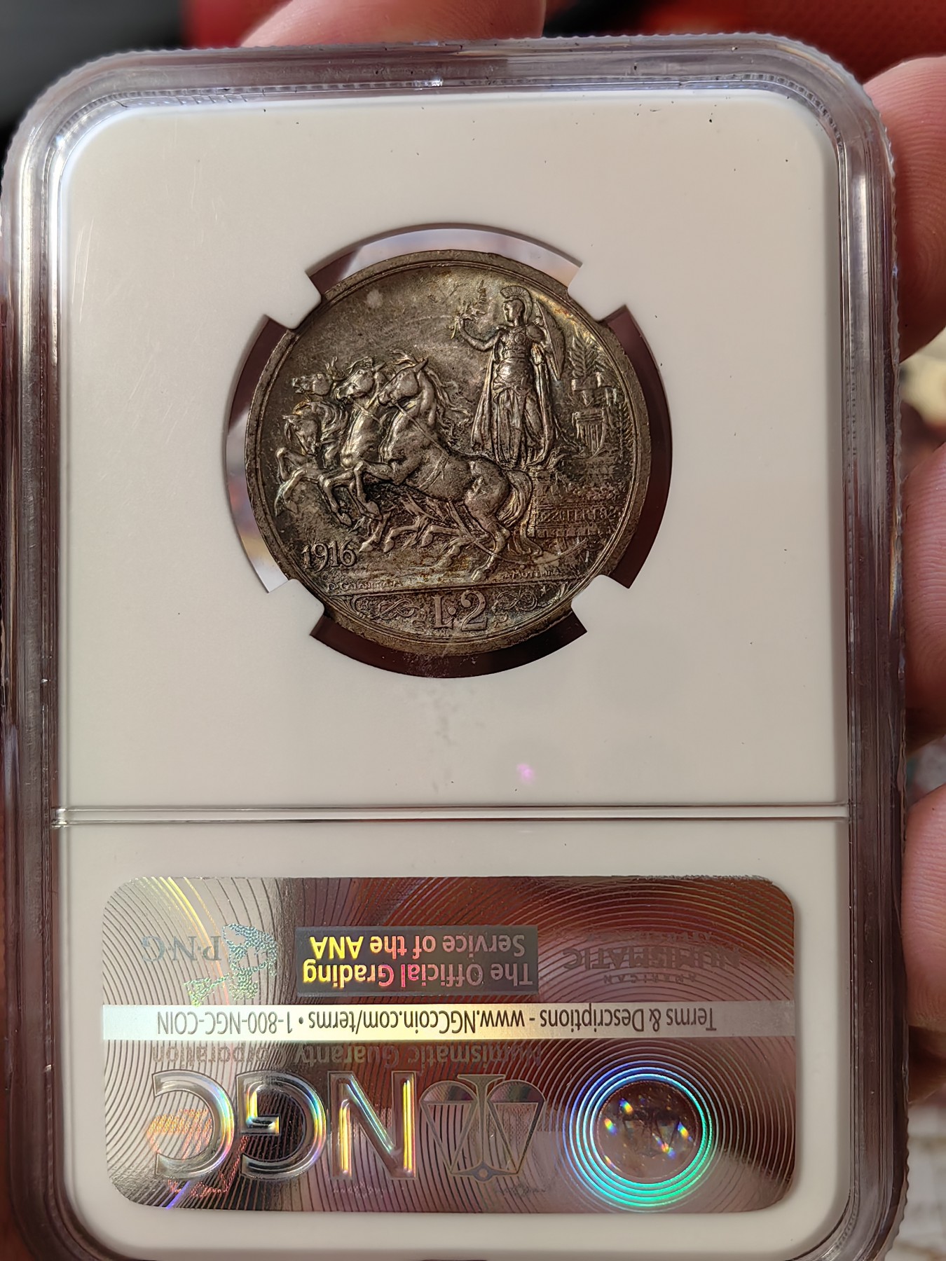 橡树集藏-006场 海纳百川 ngc-ms64 1916年意大利2里拉银币 双面浓郁地中海酱彩 所见最美 打制极佳 底板丝滑 nike女神四驾马车 经典意系设计 实物绝美 老盒严评品质佳 可堪自藏