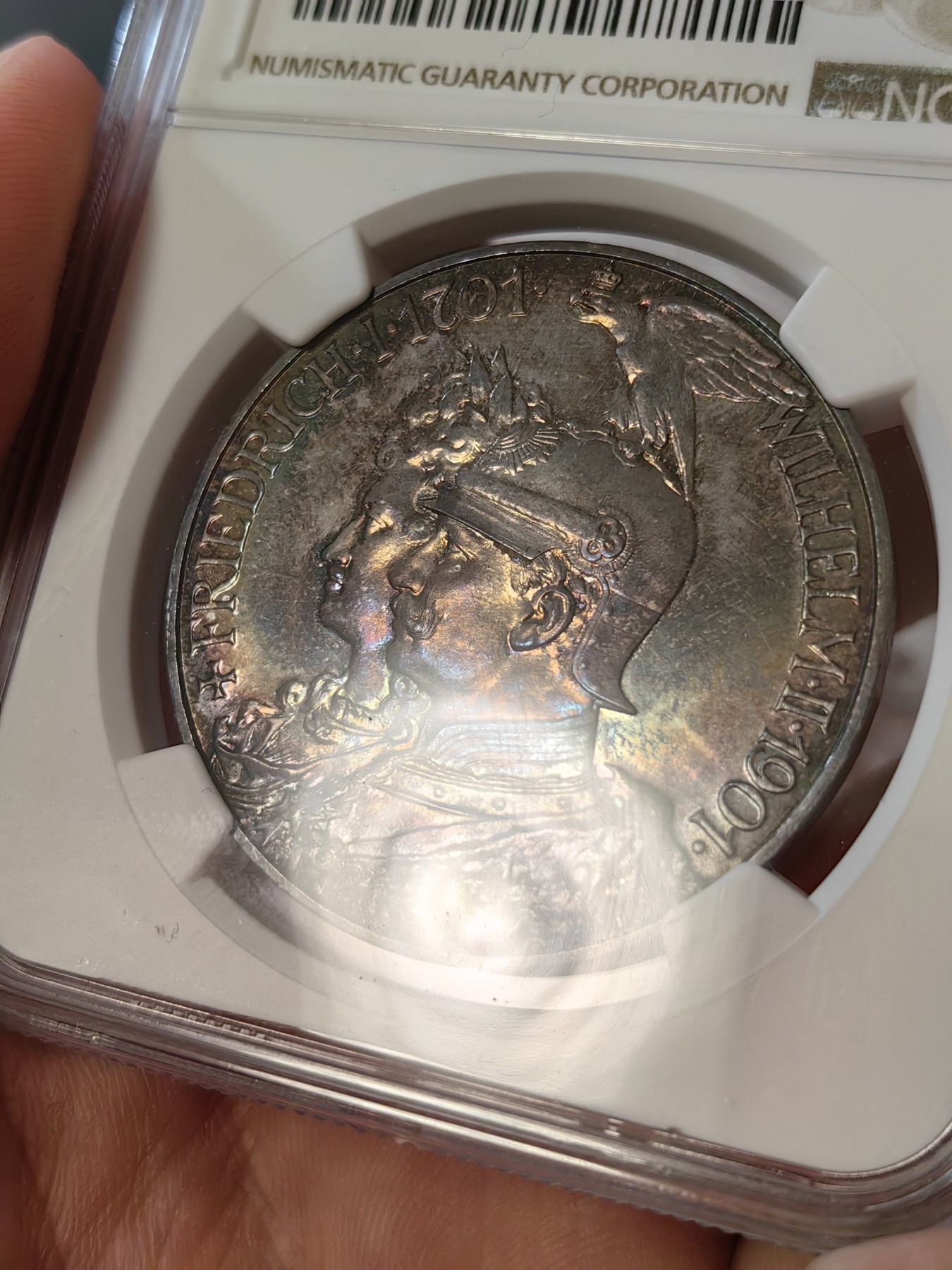 橡树集藏-006场 海纳百川 ngc-pf66 1901年普鲁士精制建国5马克，冠军分。铸造量稀少，顶级品。梦幻五彩，双面彩虹。实物美得一塌糊涂。状态为王，此枚无敌。