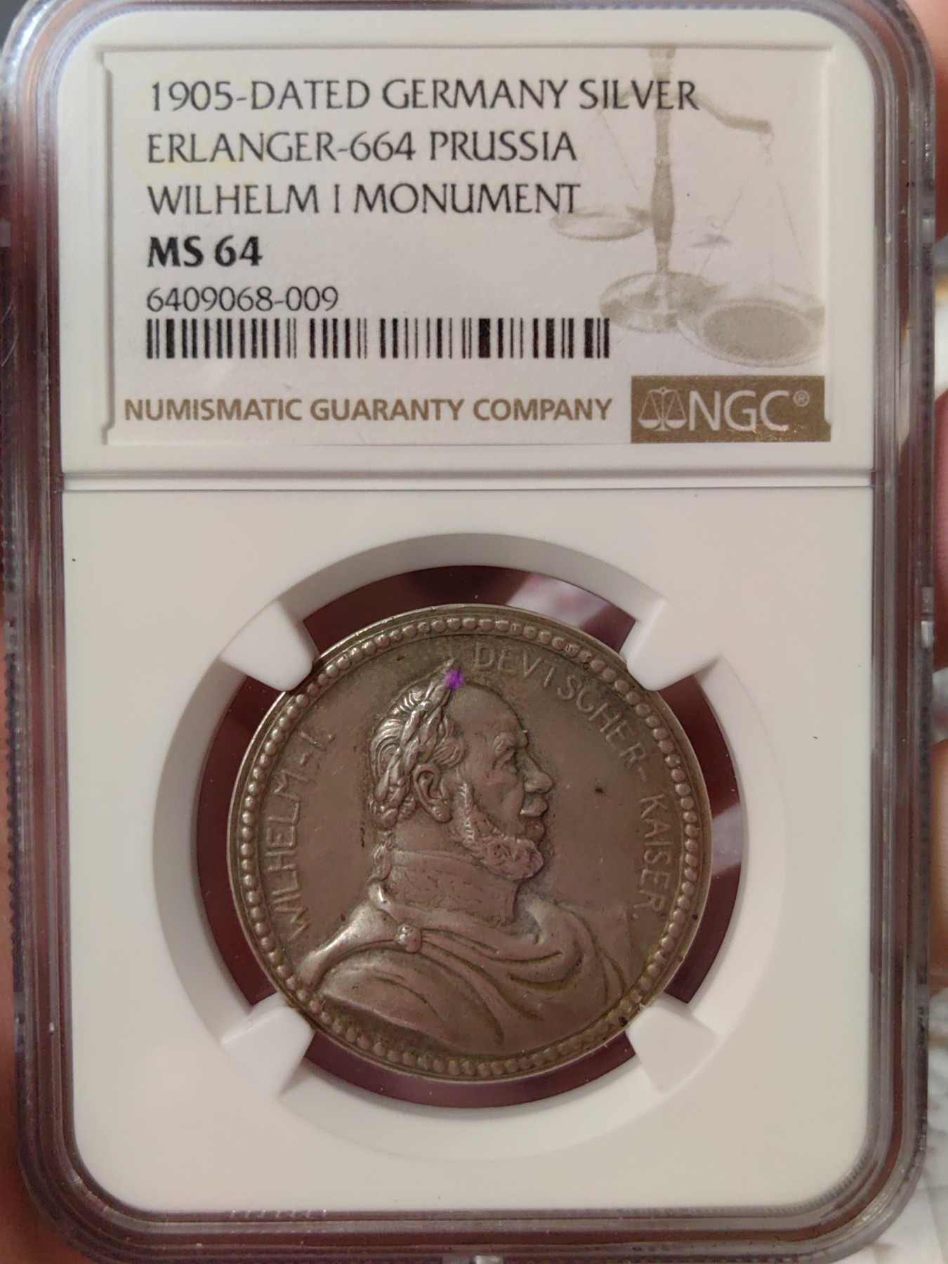 橡树集藏-006场 海纳百川 ngc-Ms64 1905年德国纽伦堡纪念德意志第二帝国皇帝威廉一世骑马戎装雕像揭幕纪念银章， 数据库唯一评级，冠军分。超高浮雕，细节丰富。骏马踏红花，一代枭雄，英姿飒爽。