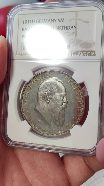 橡树集藏-006场 海纳百川 ngc-pf65 1911年巴伐利亚摄政王90大寿 5马克大银币 n/p双料冠军分 浓郁深彩包浆