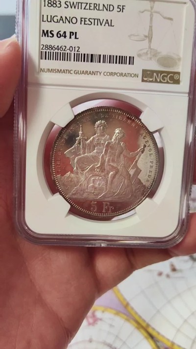 橡树集藏-006场 海纳百川 ngc-ms64pl 1883年瑞士卢加诺射击节5法郎大银币 pl唯一评级  极其罕见的prooflike射击节 实物绝美 令人惊叹