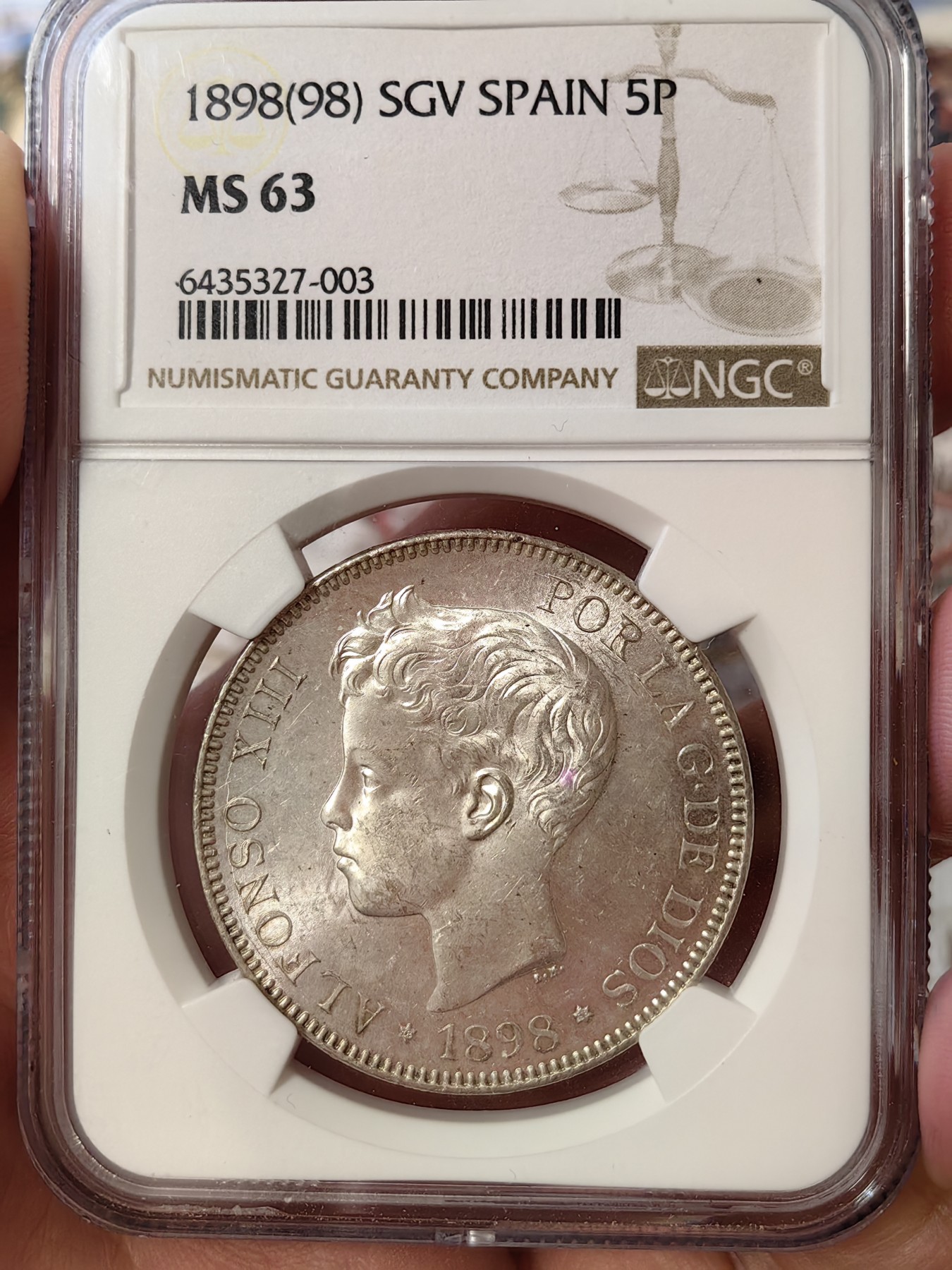 橡树集藏-006场 海纳百川 ngc-MS63 1898年西班牙5比塞塔大银币 经典的可爱男童 王冠双柱 越来越受欢迎的品种