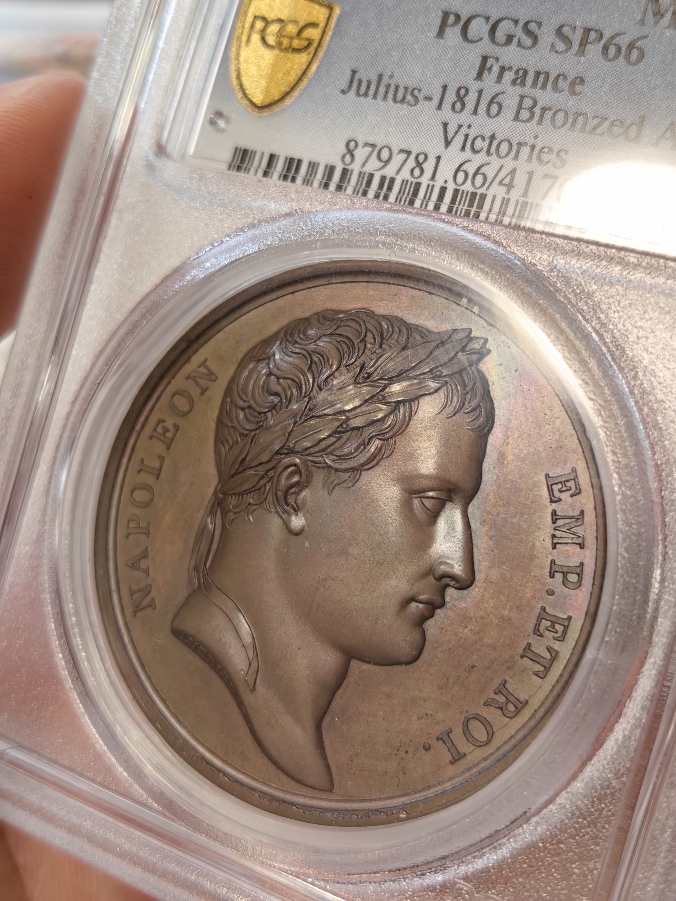 橡树集藏-006场 海纳百川 pcgs-sp66 拿破仑 1807 胜利纪念铜章，原铸，顶级五彩，背面雄鹰被冠以“胜利之冠”，肖像由ANDRLEU雕刻 ，加厚盒。