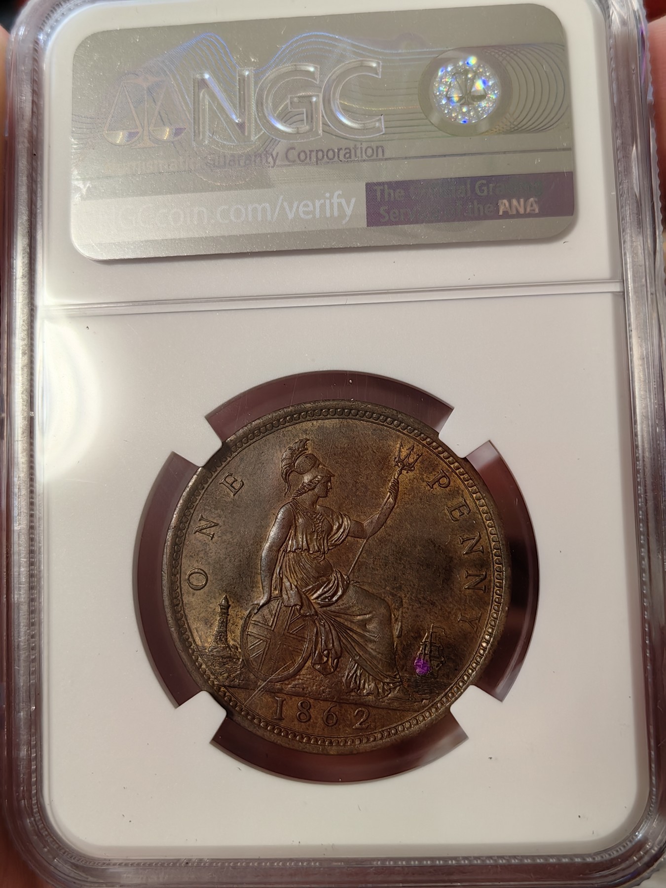 橡树集藏-006场 海纳百川 ngc-Ms64bn 1862年英国维多利亚1便士铜币 底板打制优异 铜色四溢 状态绝佳 感觉低评