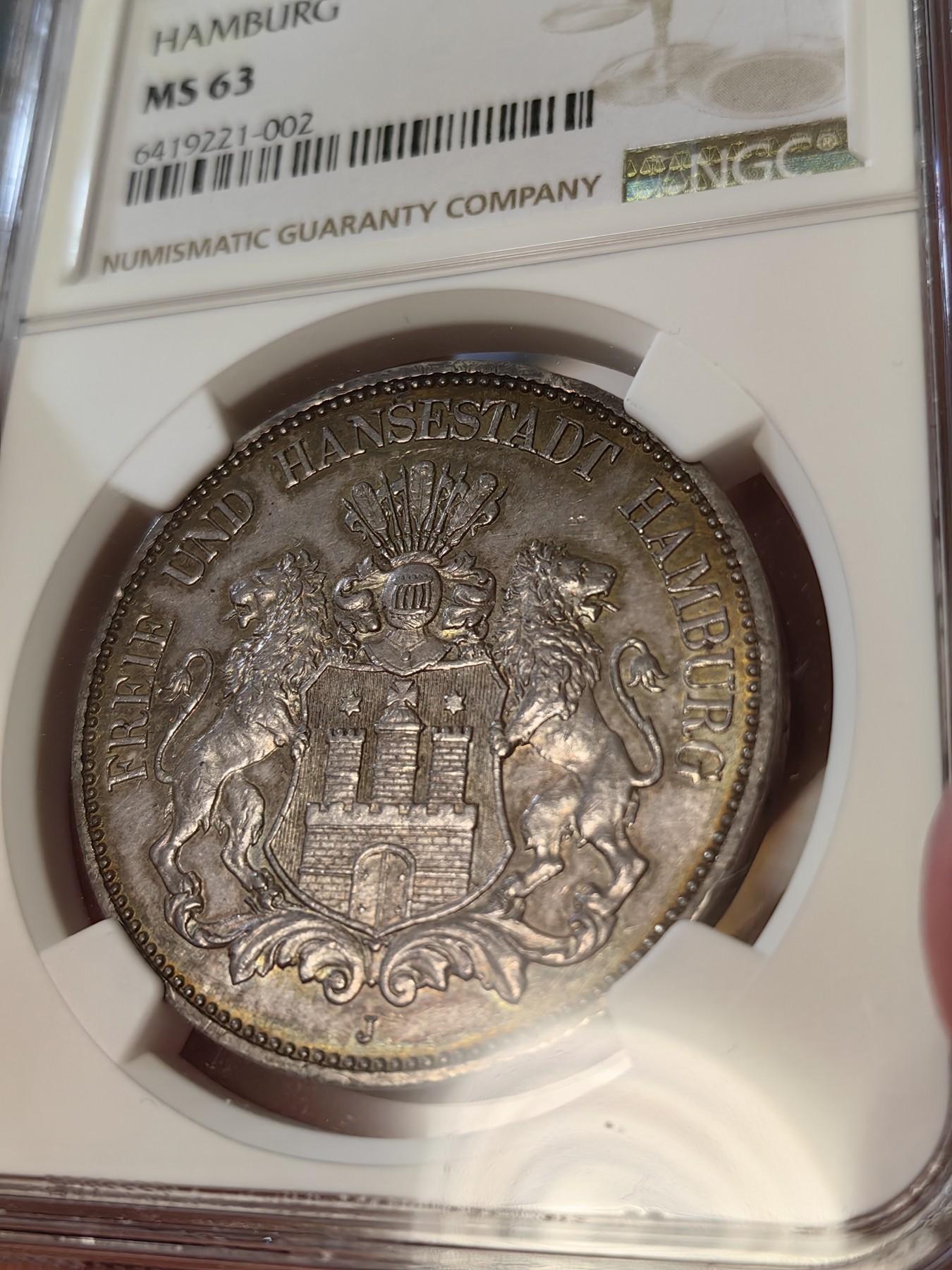 橡树集藏-006场 海纳百川 NGC-MS63 1913年 德国汉堡双狮5马克 温润五彩包浆 沁人心脾 超强底板 严评 入手典藏佳品 