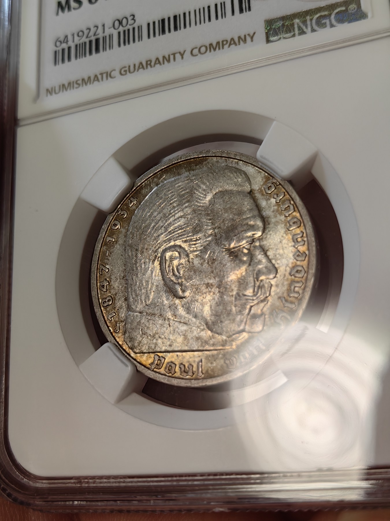 橡树集藏-006场 海纳百川 NGC-MS64 1939年 德意志第三帝国5马克 J厂 丝绸底板 超强转光 此分数为该厂别亚军分 分数状态一步到位 值得收藏
