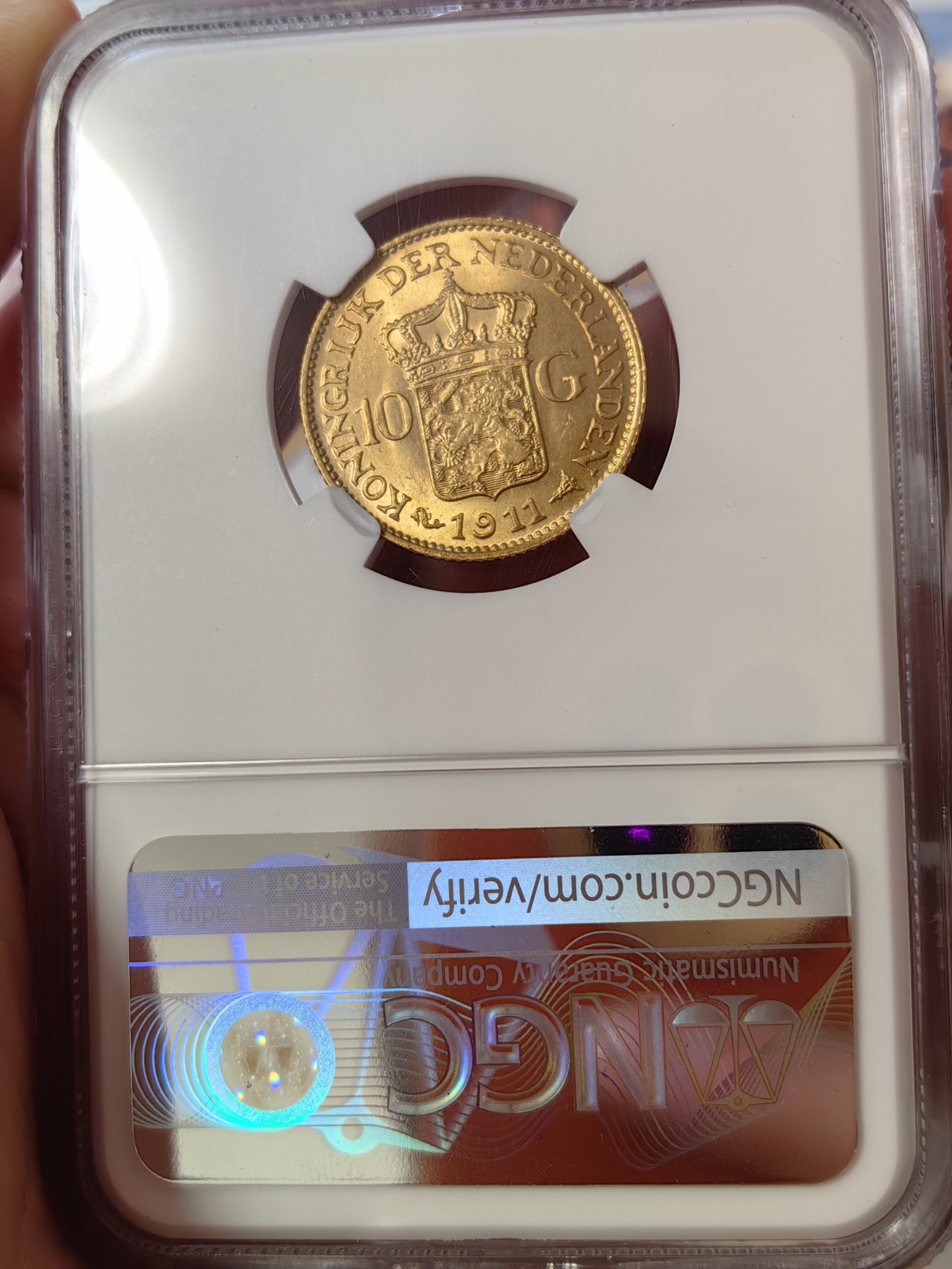 橡树集藏-006场 海纳百川 ngc-ms64 1911年荷兰10盾金币 少妇威廉明娜 状态不错