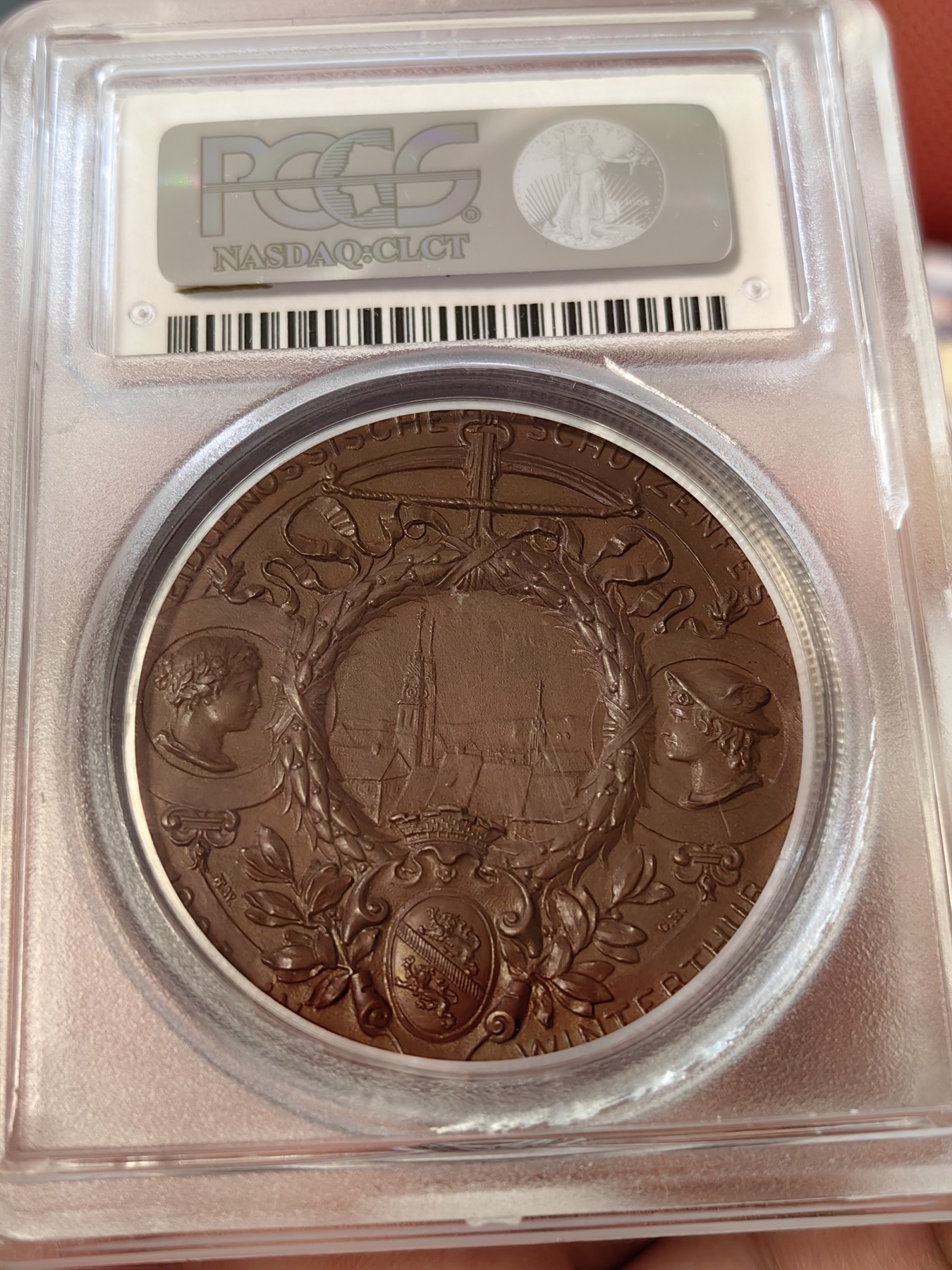 橡树集藏-006场 海纳百川 pcgs-sp65 1895年瑞士温特图尔射击节铜章 高浮雕加厚盒 绝美巧克力 裸体女神 城市景观 热门题材 盒子有伤