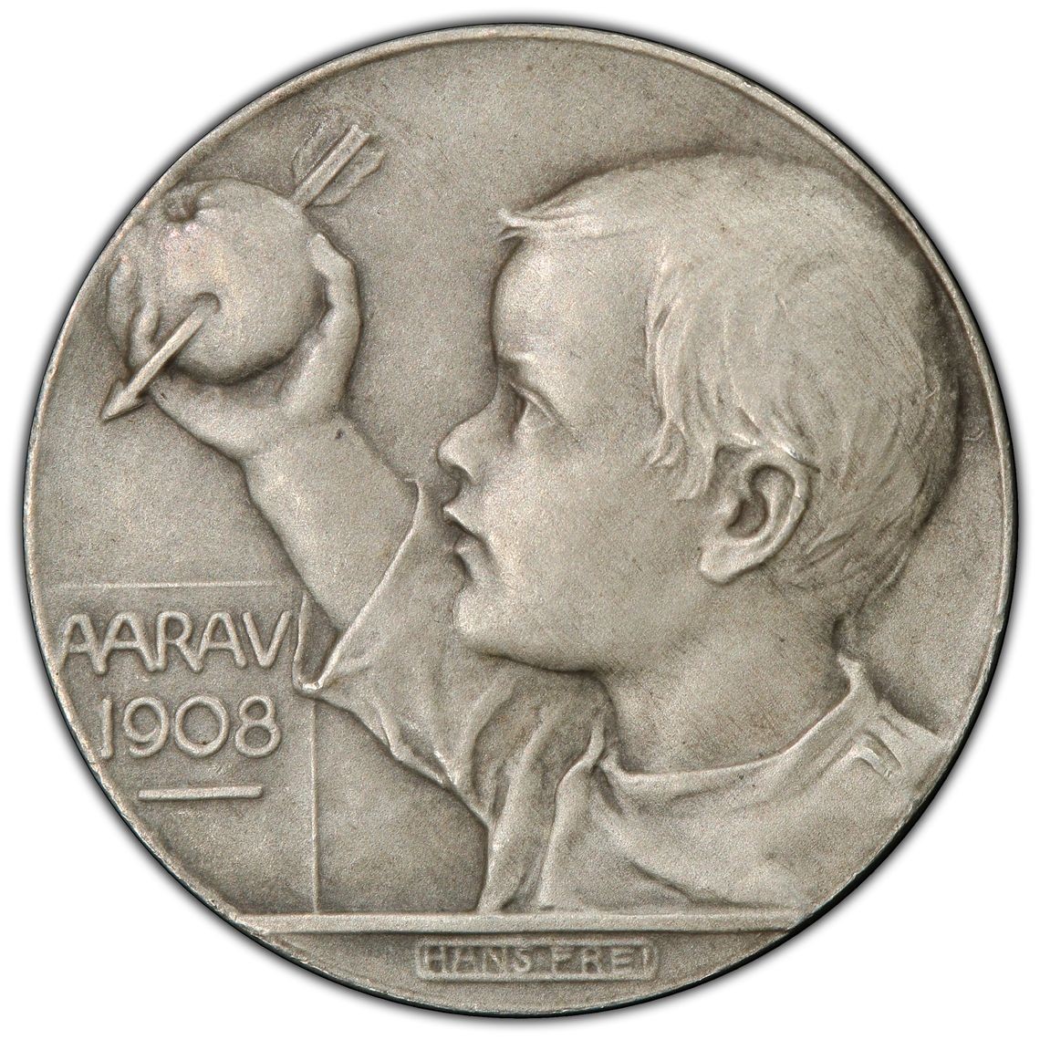 橡树集藏-006场 海纳百川 PCGS-sp64 1908年瑞士阿尔高州阿劳射击节 正面：风格化的鹰面向左，右爪握着阿尔高之盾；背面：威廉泰尔的小儿子，面向左侧，高举着被箭刺穿的苹果。新兴现代主义风格的迷人奖章。在里克特书中被列为“稀有”。铸造量仅293枚。