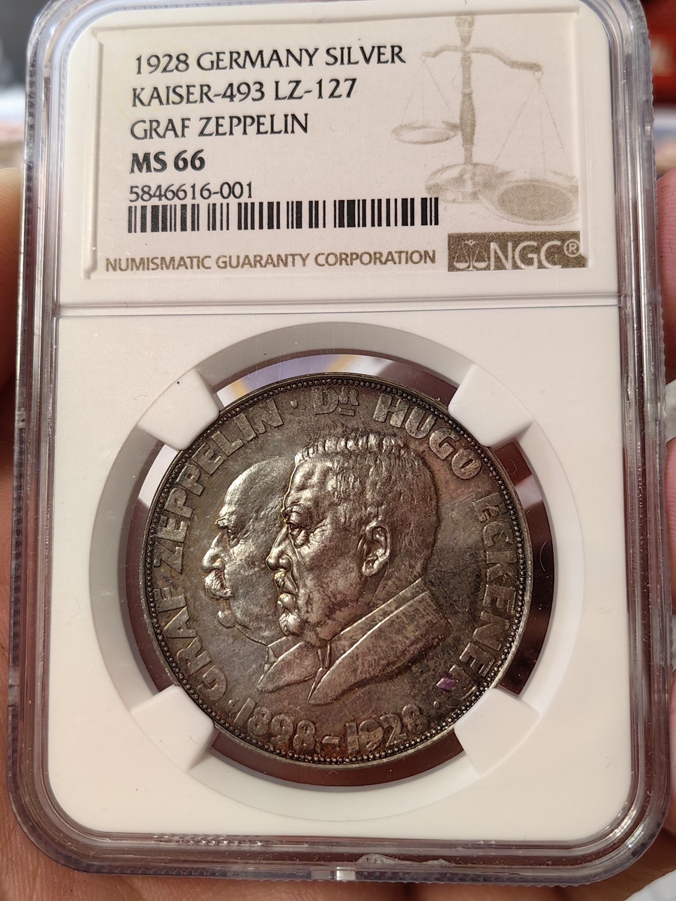 橡树集藏-006场 海纳百川 NGC-ms66 ,1928 齐柏林爵士纪念银章，顶级高分，镜面五彩。