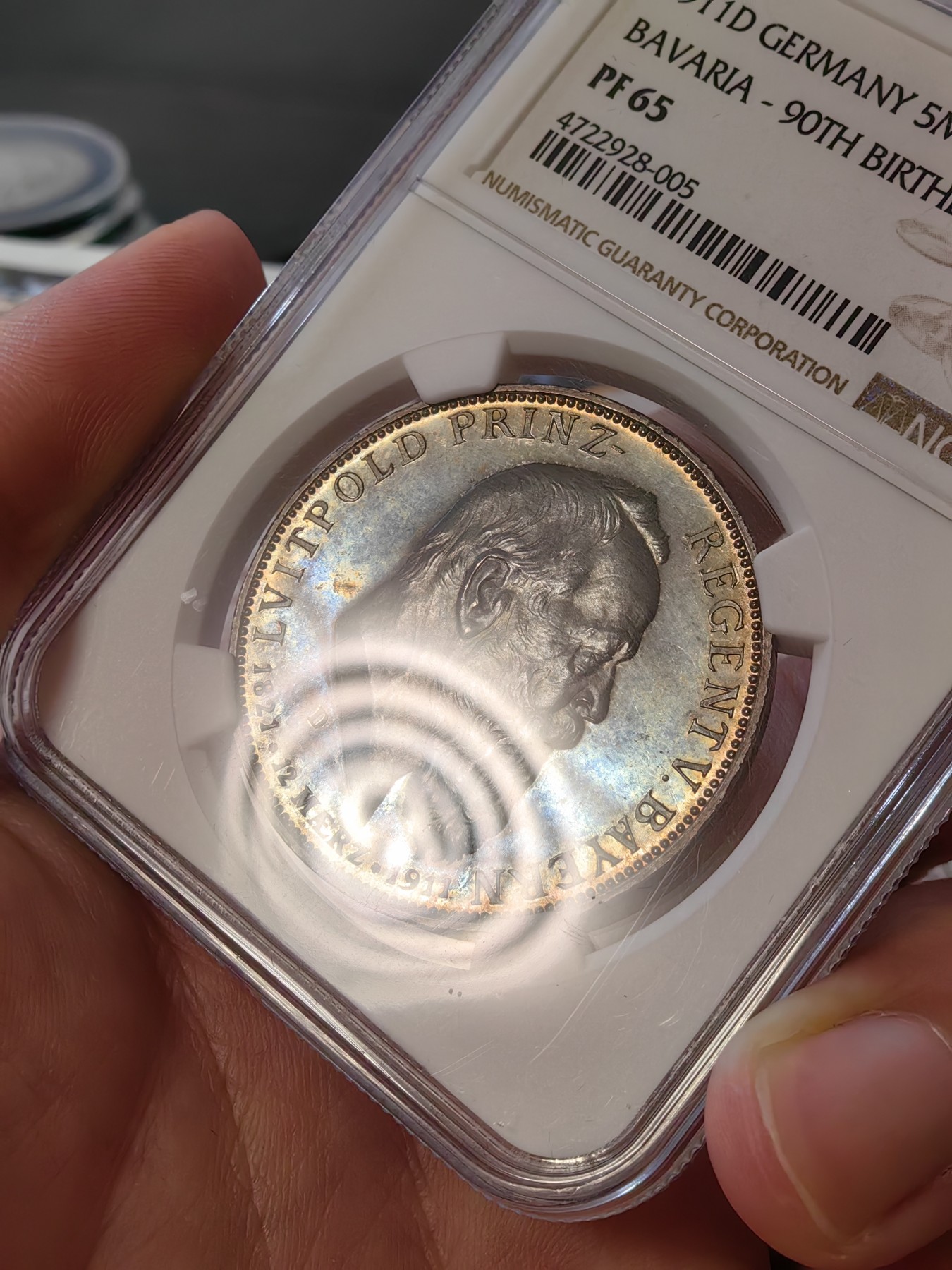 橡树集藏-006场 海纳百川 ngc-pf65 1911年巴伐利亚摄政王90大寿 5马克大银币 n/p双料冠军分 浓郁深彩包浆