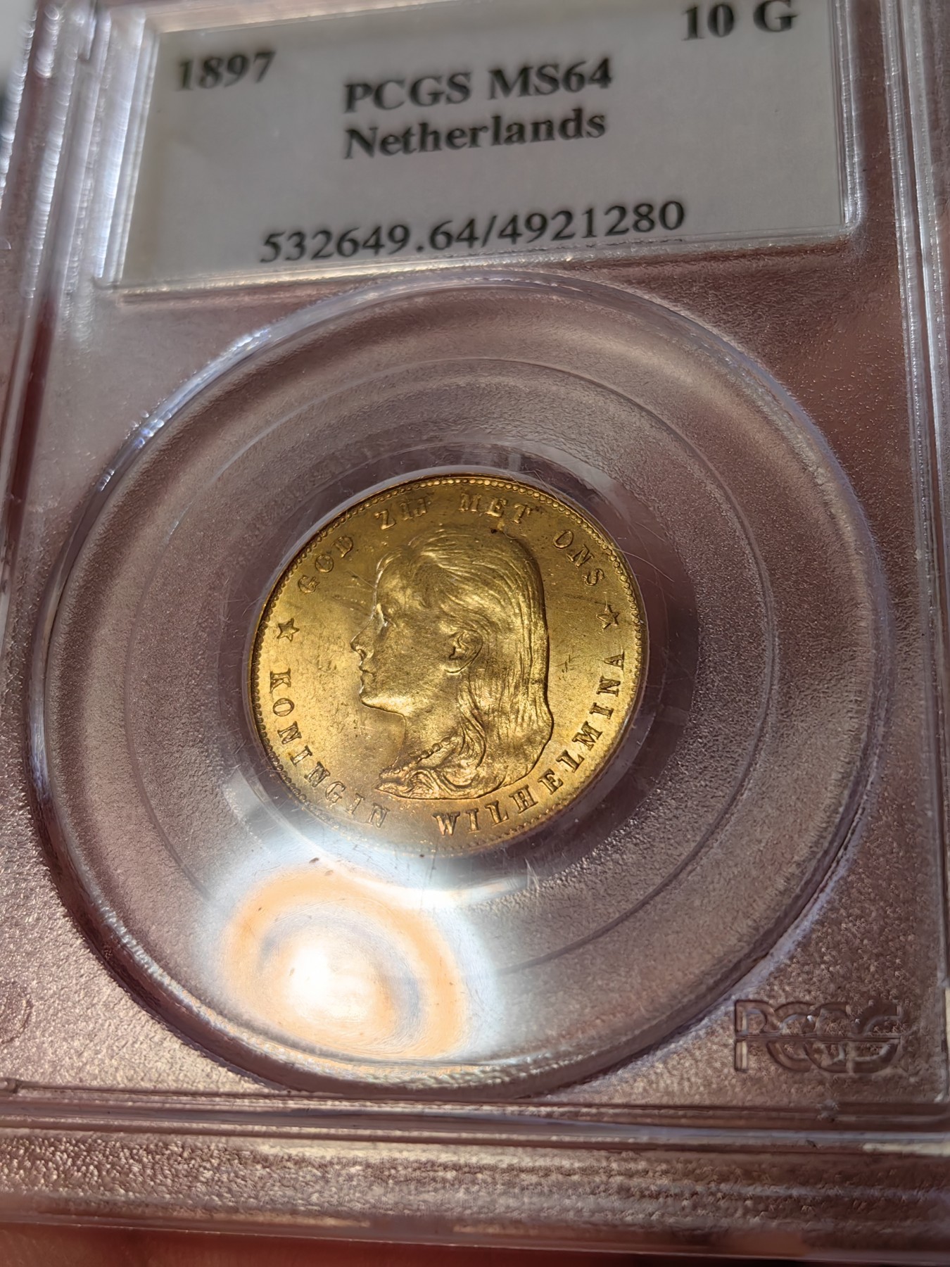 橡树集藏-006场 海纳百川 pcgs-ms64 1897年荷兰威廉明娜10盾金币 可爱的小萝莉 底板打制皆好 pc老盒严评 状态极佳 搏分潜力股