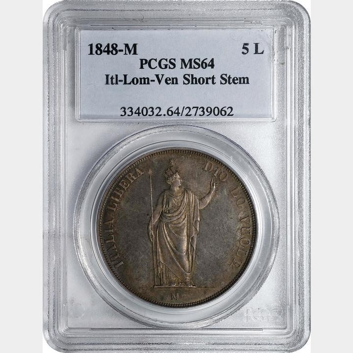 橡树集藏-006场 海纳百川 PCGS MS-64  1848年意大利伦巴第-威尼斯5里拉大银，米兰造币厂。钢灰色的底板呈现出琥珀色和浅洋红色虹彩的痕迹，突出了整个币面。背面有罕见的包浆回声纹，底板几乎没有瑕疵。pc老盒子，品质保证。正面是右手执长矛权杖的加冕自由女神，拉丁铭文:ITALIA LIBERA DIO LO VUOLE，上帝呼唤自由之意大利。女神的左手指向铭文“DIO”,意大利语中上帝的意思，很有深意的经典设计。 