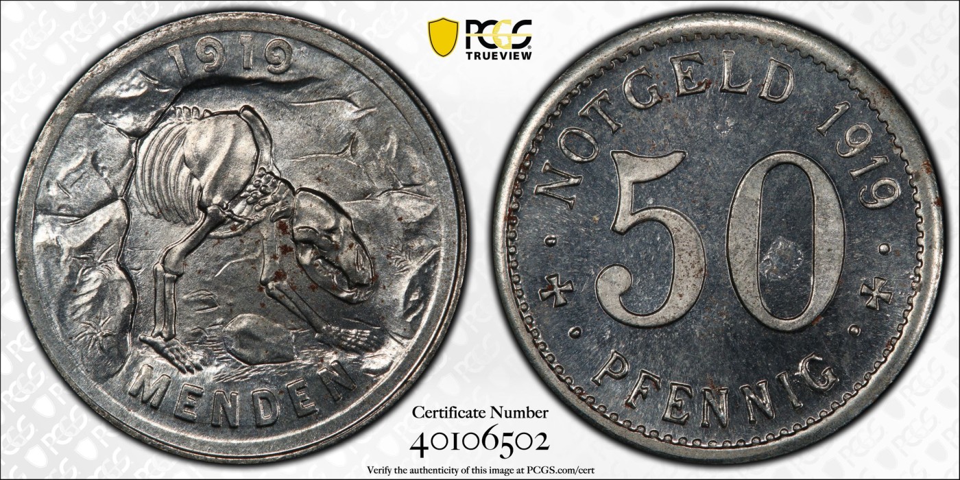 橡树集藏-006场 海纳百川 pcgs-Ms65，德国紧急状态时期50芬尼铁币，数据库唯一记录，冠军分顶级品。大名誉品种。双面1919，极为罕见的铁质洞熊，打制深骏，状态极佳。背面pl感强烈，小镜子。铁币能有此工艺极为难得。 双面1919是洞熊这个品种的大珍，发行量只有150枚左右。此枚市面仅见，可遇不可求～