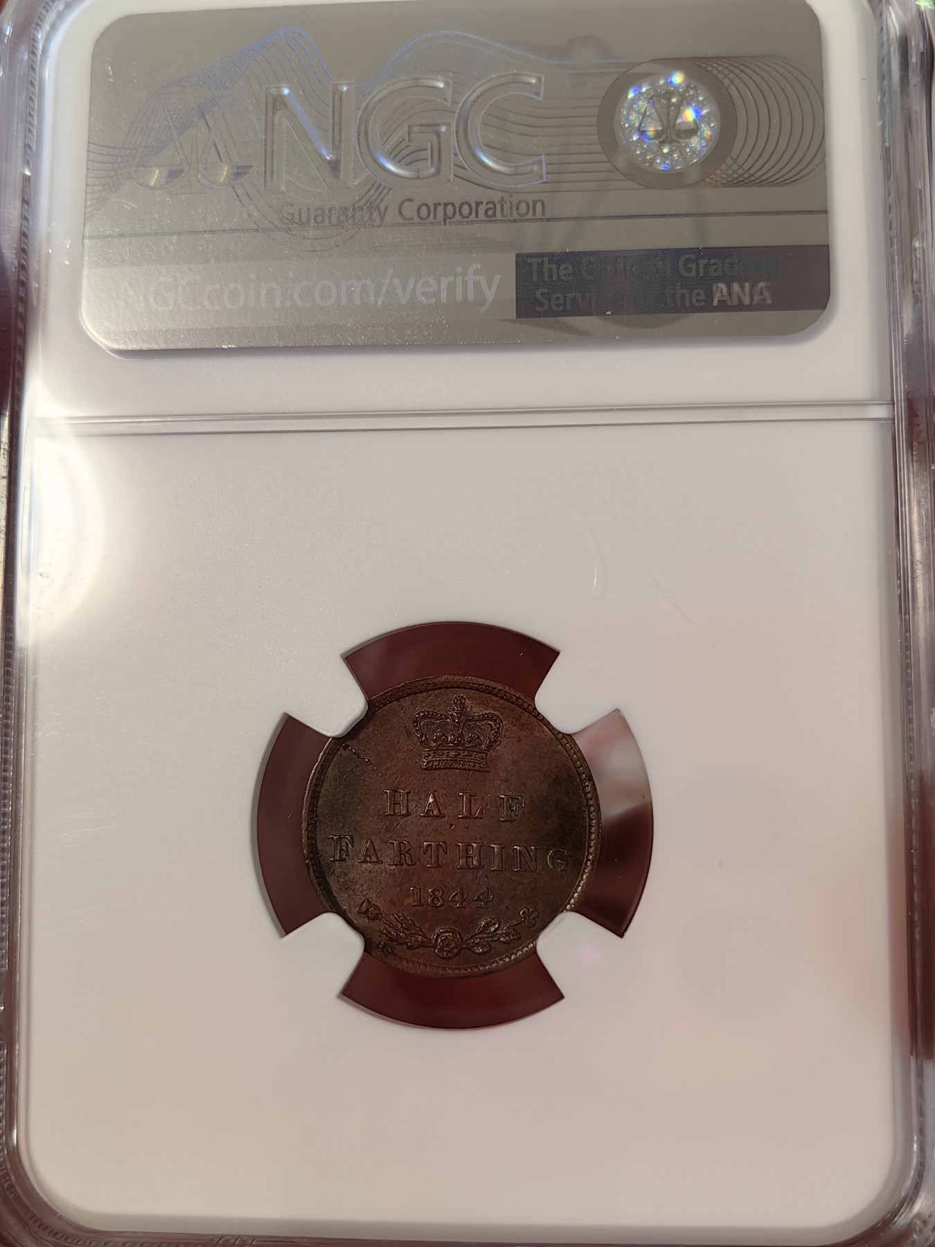 橡树集藏-006场 海纳百川 NGC-MS61 英国1844年1/2法新，整体包浆均匀，底板仍有车轮转光，观感好，一枚不错的英系辅币