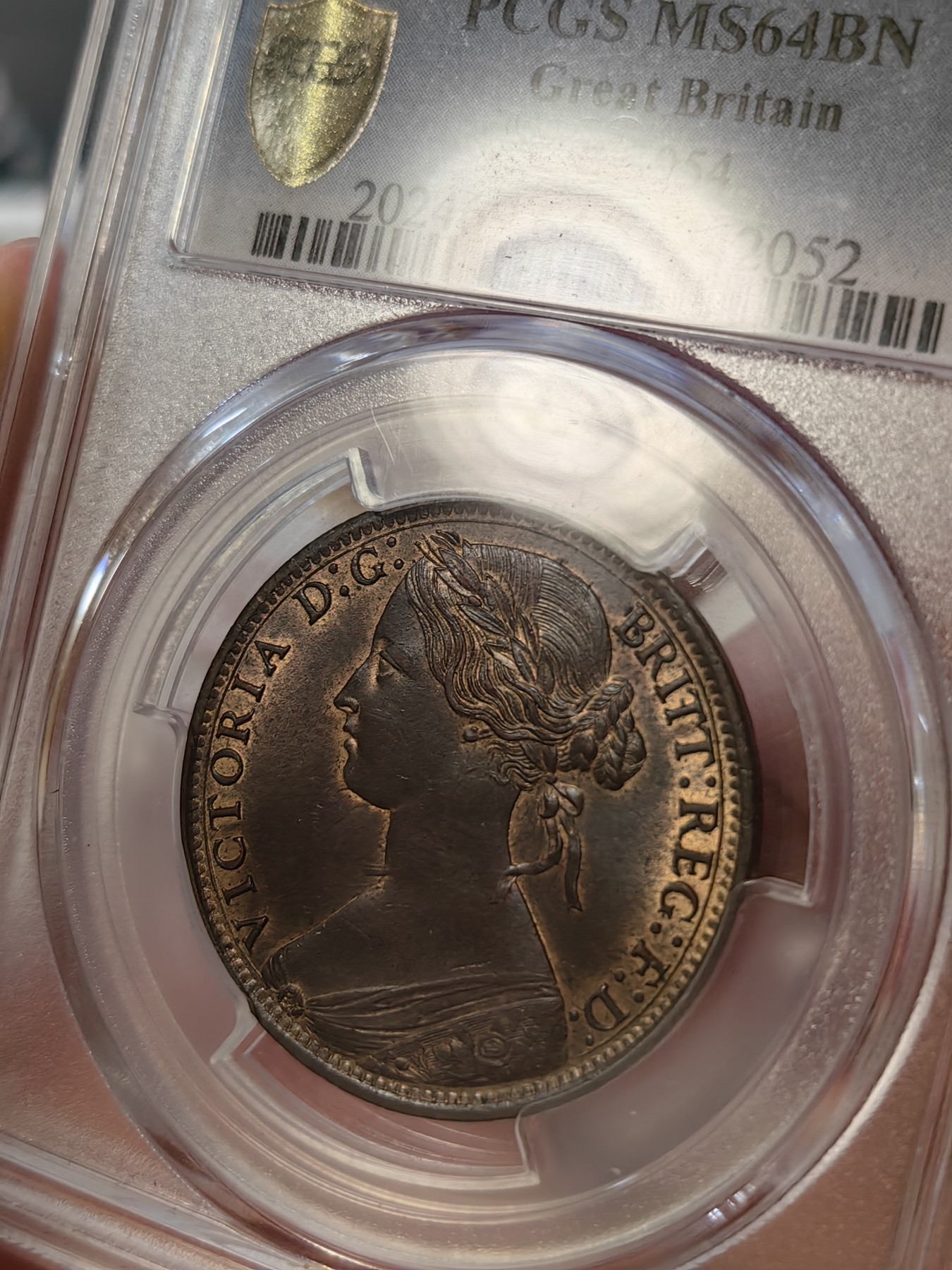 橡树集藏-006场 海纳百川 pcgs Ms64bn，1861年英国小维便士，鎏金彩包浆。顶级品。 实物观感极佳，小维的中年形象，雍容华贵。 这枚奇特的轮廓金彩，使她在视觉上脱颖而出。2012年n64，ha拍卖价2400元。