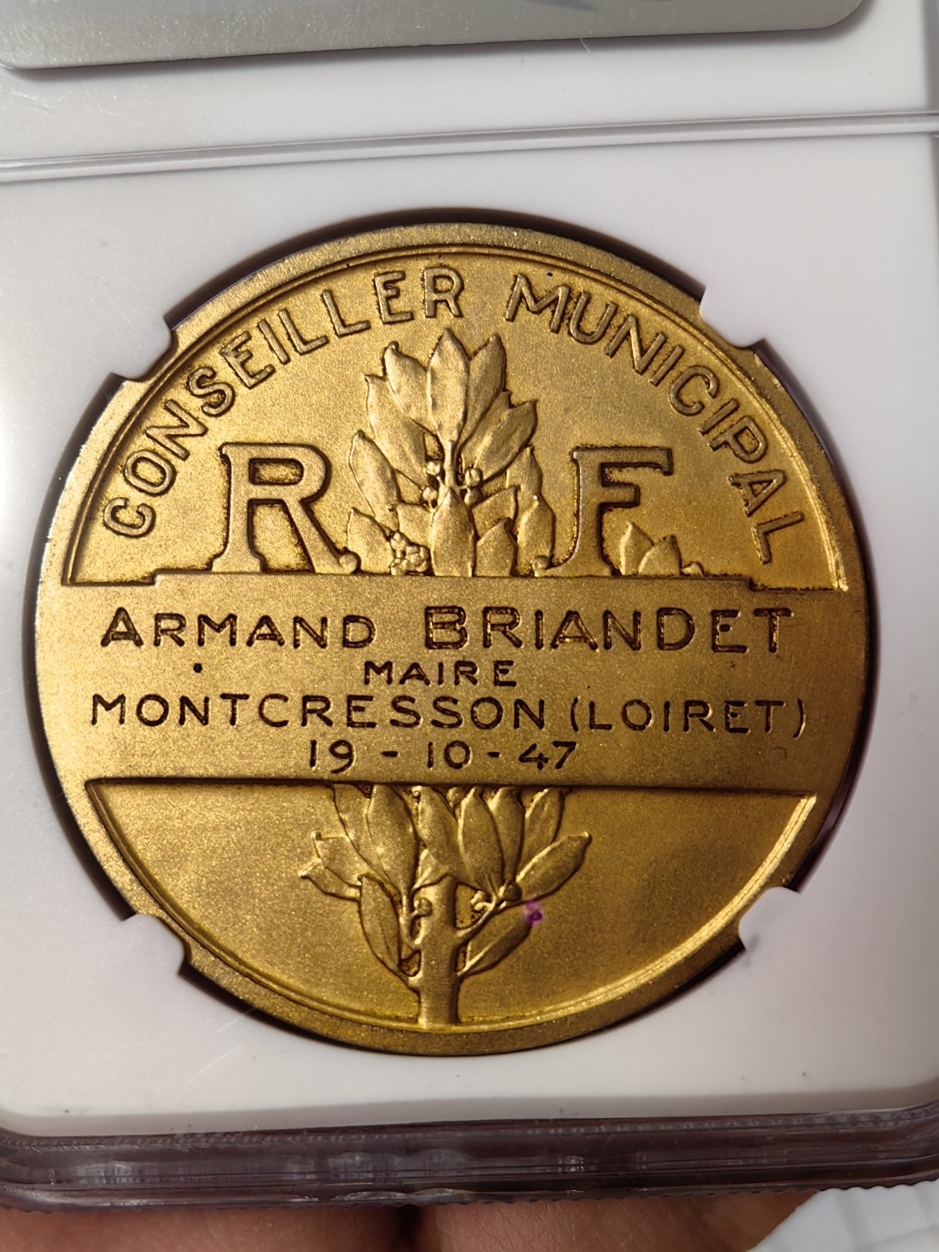 橡树集藏-006场 海纳百川 ngc-Ms65 1947年法国梦珂雷森市议会议员银章 摩龙经典设计 自由帽玛丽安娜 加厚大尺寸 镀金层底板高点皆完美 实物绝美 绝对低评 冠军分自藏好品