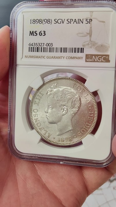 橡树集藏-006场 海纳百川 ngc-MS63 1898年西班牙5比塞塔大银币 经典的可爱男童 王冠双柱 越来越受欢迎的品种