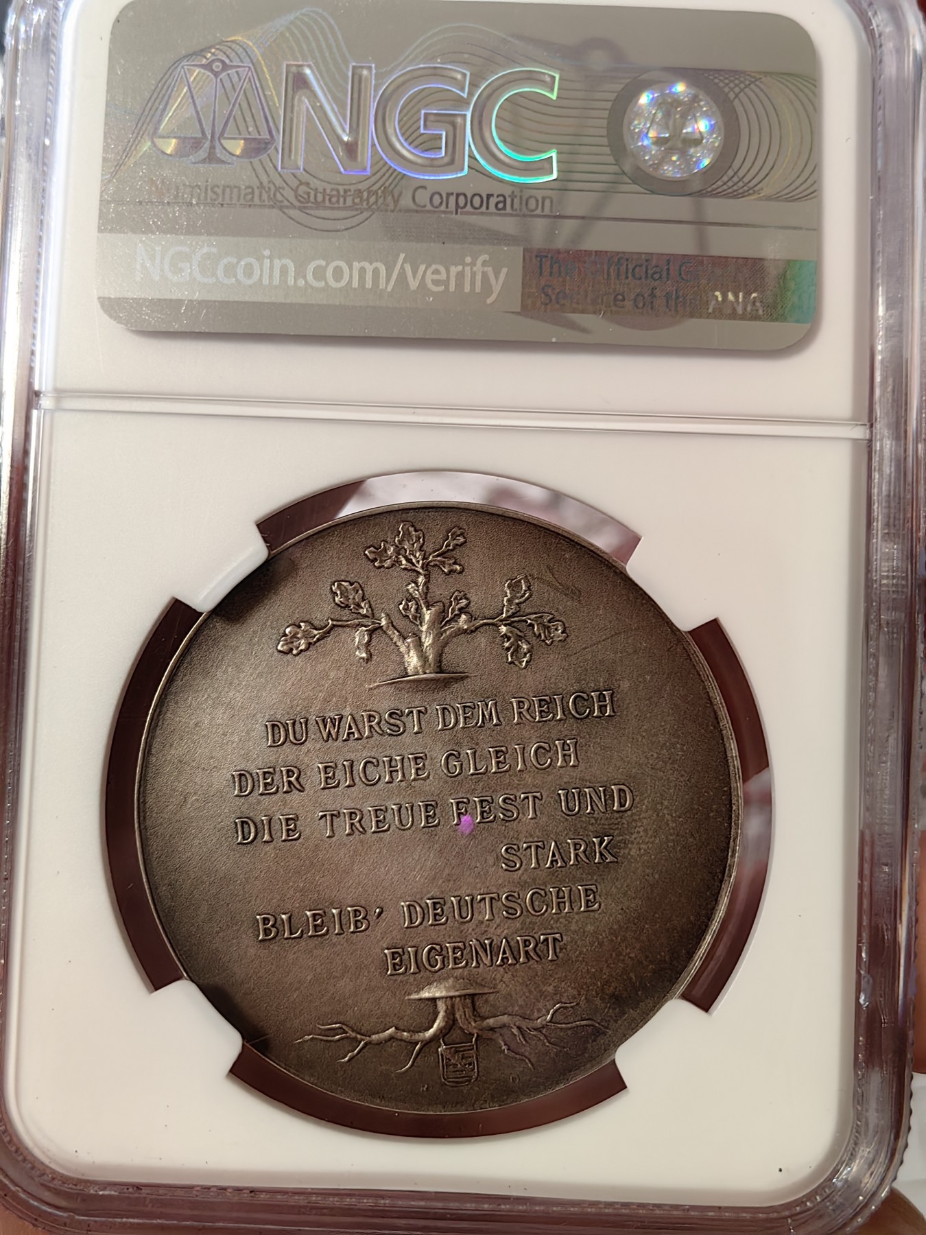 橡树集藏-006场 海纳百川 ngc-Ms63 1897年德国威廉一世银章，诞辰百年纪念，忠诚为国。双面灰彩包浆，浅浮雕设计。底板高点完美，实物低评。  正面戎装皇帝头像，铭文威廉大帝。背面一颗百年橡树，中间隔开，上书铭文: 你是帝国的中流砥柱，犹如橡树之躯干，坚定且忠诚， 造就独立之德国。 数据库唯一评级，冠军分。市面仅见，德国橡树题材币章大热门，可遇不可求。大尺寸银章，设计独特。