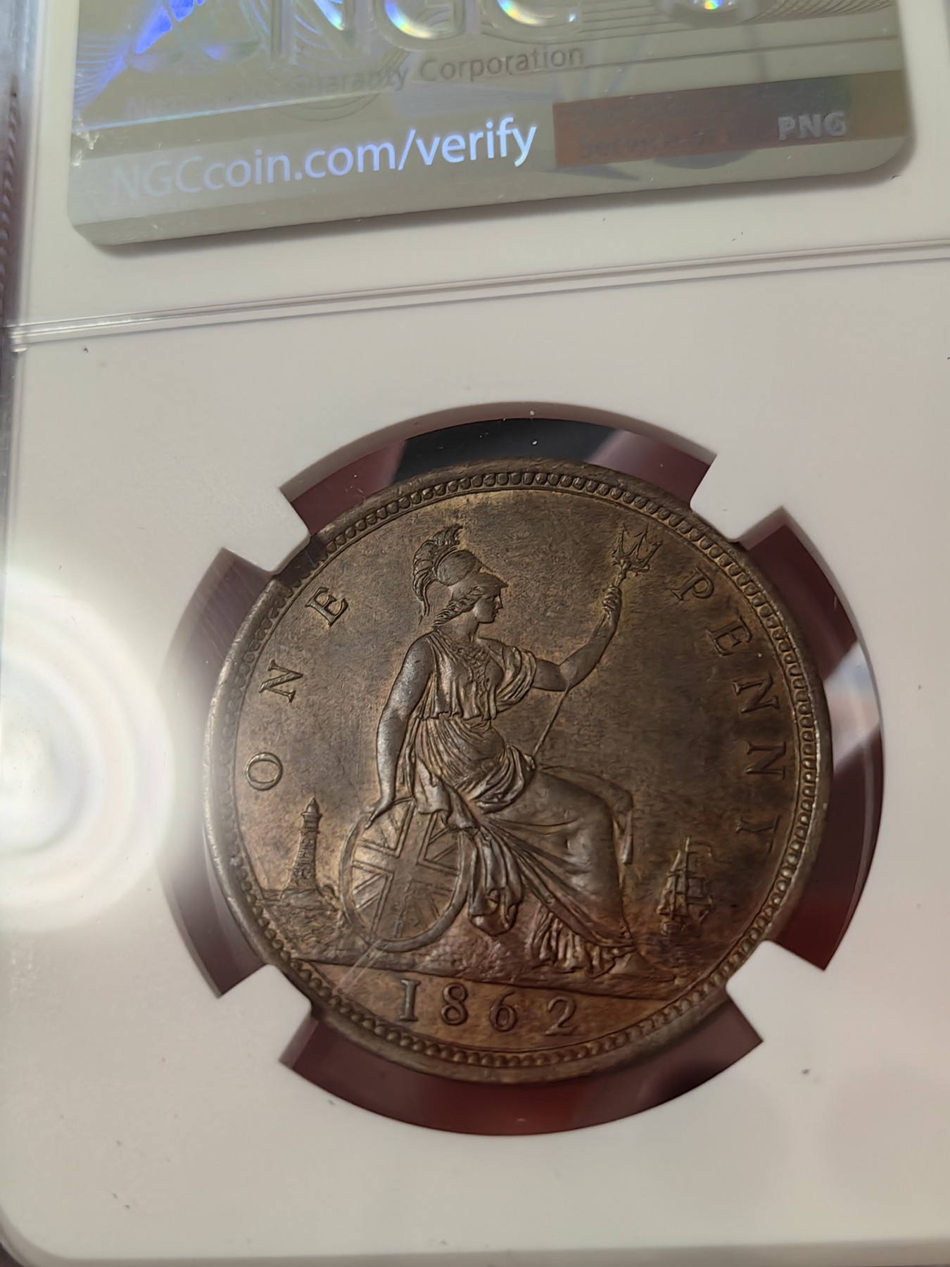 橡树集藏-006场 海纳百川 ngc-Ms64bn 1862年英国维多利亚1便士铜币 底板打制优异 铜色四溢 状态绝佳 感觉低评