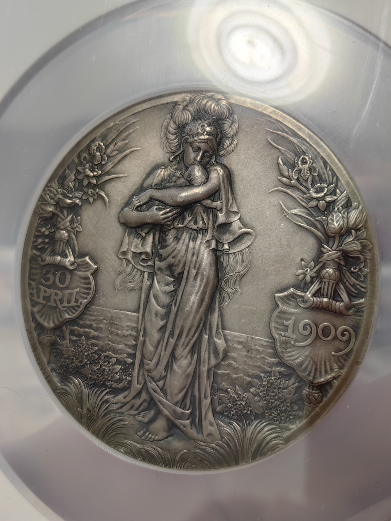 橡树集藏-006场 海纳百川 NGC MS63 1909年荷兰朱莉安娜公主诞生纪念大银章，发行量400枚，荷兰王室经典名章 现在好品相的越来越难见到！！！