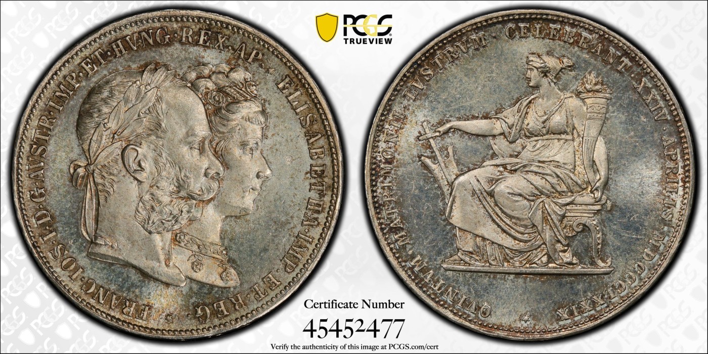 橡树集藏-006场 海纳百川 pcgs-ms64 1879年奥地利2盾大银 茜茜公主银婚纪念 欧陆淺杏仁老包浆 丝滑原银霜光 滴水未下 美就一个字 高分状态超好 可堪自藏 大热门品种 持续上涨中