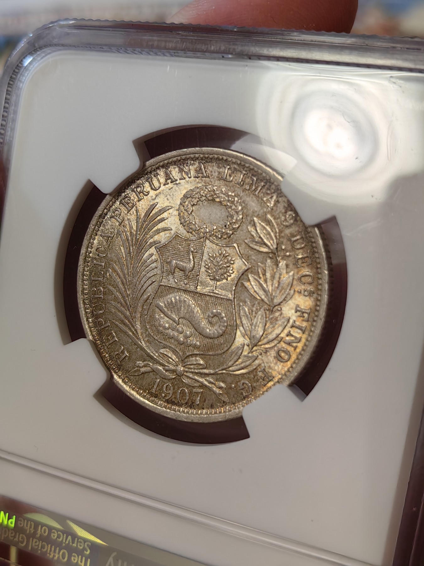 橡树集藏-006场 海纳百川 ngc-Ms65 1907年秘鲁半索尔银币 车轮霜光双面彩浆 实物观感极佳 FG-JR版首年发行 sbp落槌价240刀 南美大热门 盒子左下角磕伤