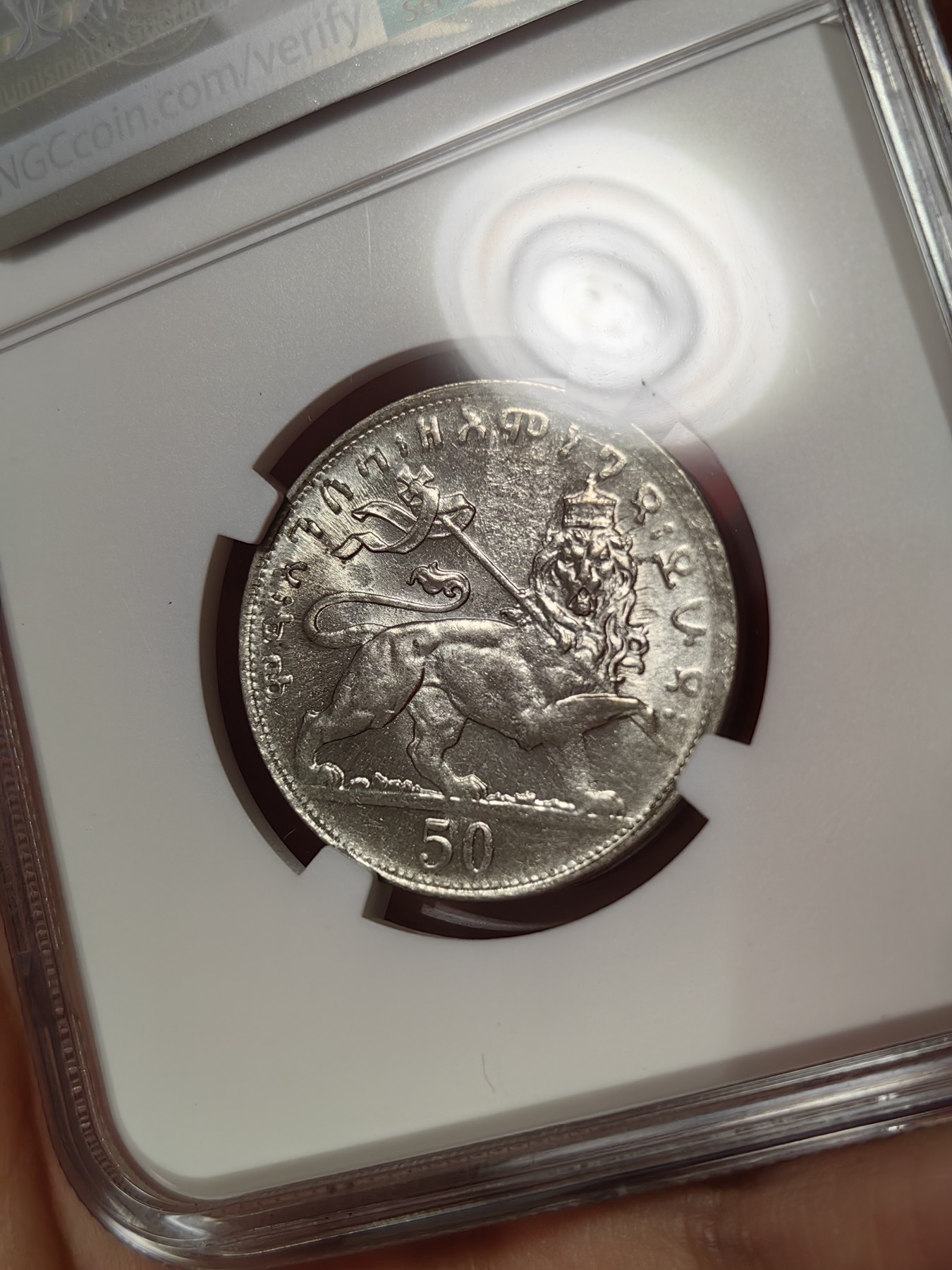 橡树集藏-006场 海纳百川 ngc-Ms64 1931年埃塞俄比亚50马托雅思 只发行了一年 高分好状态 正面是头戴王冠的大胡子非洲国王 细节极佳 背面是右扛旗雄狮 大热门银币同种设计 稀有品种 亚军分 上面只有一枚更高分