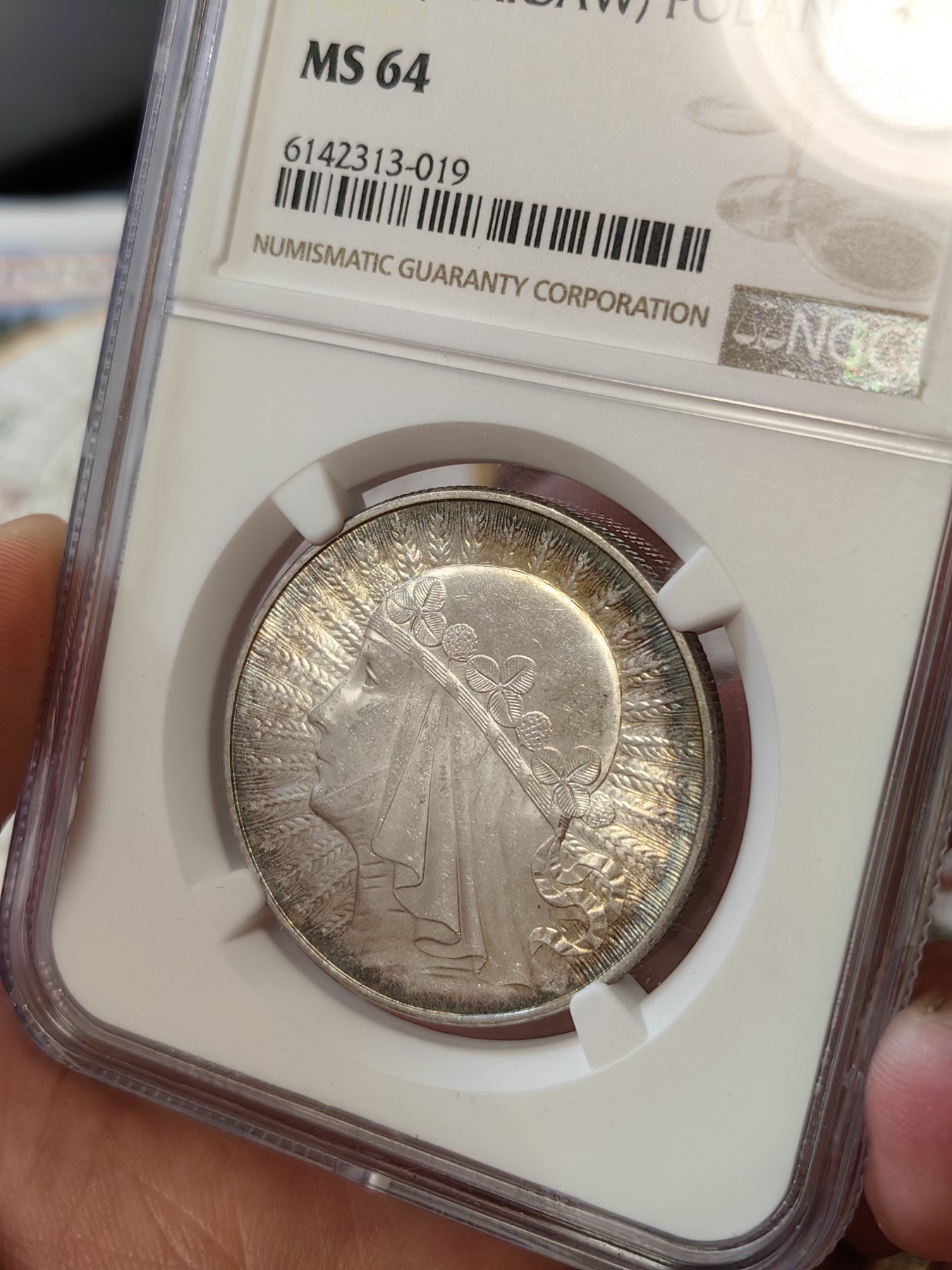 橡树集藏-006场 海纳百川 ngc-Ms64 1932年波兰10兹罗提大银币 雅德维加女皇  亚军分，上面只有一个65，究极难找的高分品种，可遇不可求。此枚的彩色包浆绝美，同分中的top～  64分极为难得，顶级状态，炫彩包浆，实物绝美。强车轮流银霜光，大美人一个，人称波兰尼姑头。雅德维加是波兰国王和立陶宛公爵夫人，出身于安茹-西西里王朝，圣雅德维加。25岁便英年早逝，最美的年华，Young Lady Queen～